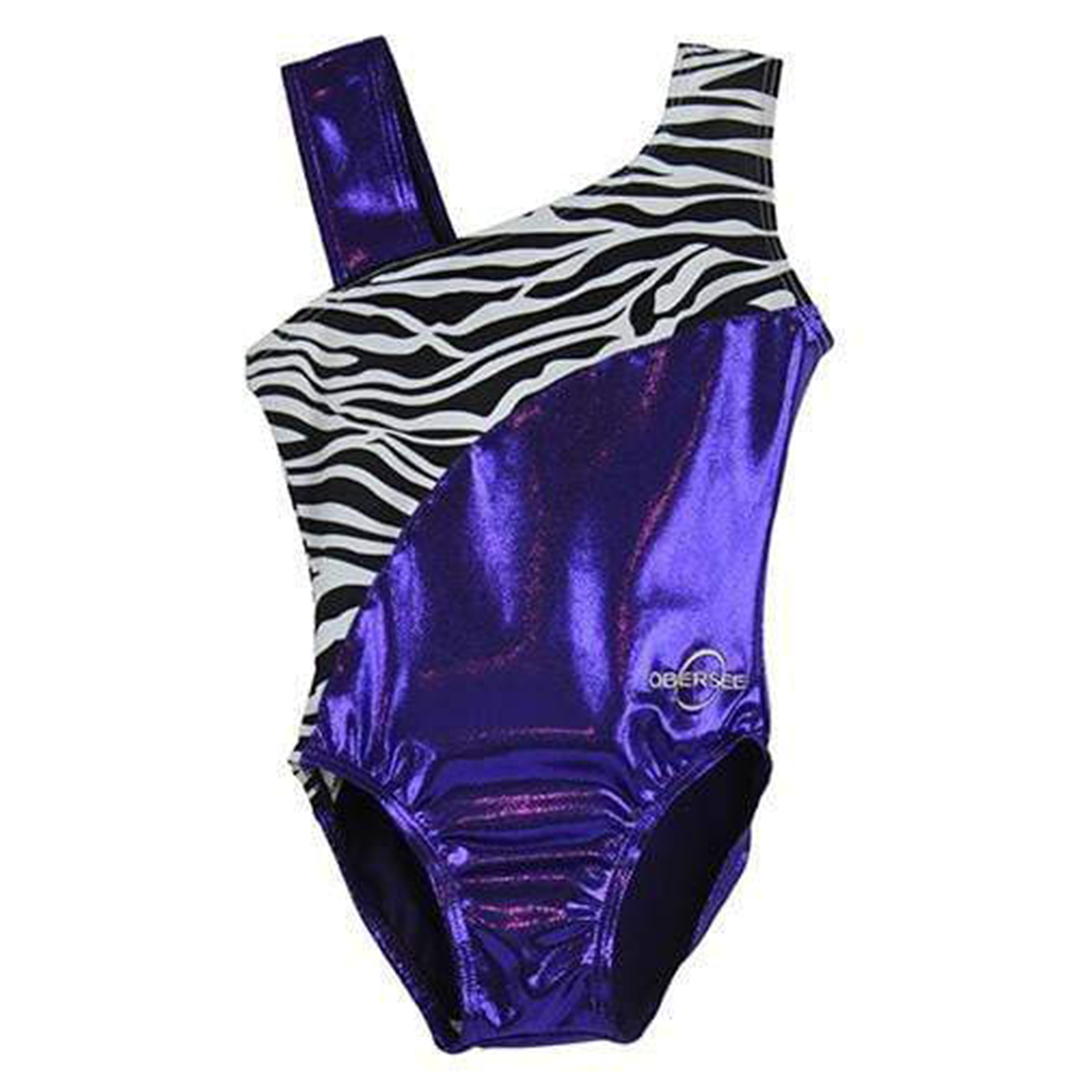 Obersee Girls Gymnastics Leotard in purple zebra design, showcasing its scoop neck and no-sleeve style, perfect for gymnastics and dance.