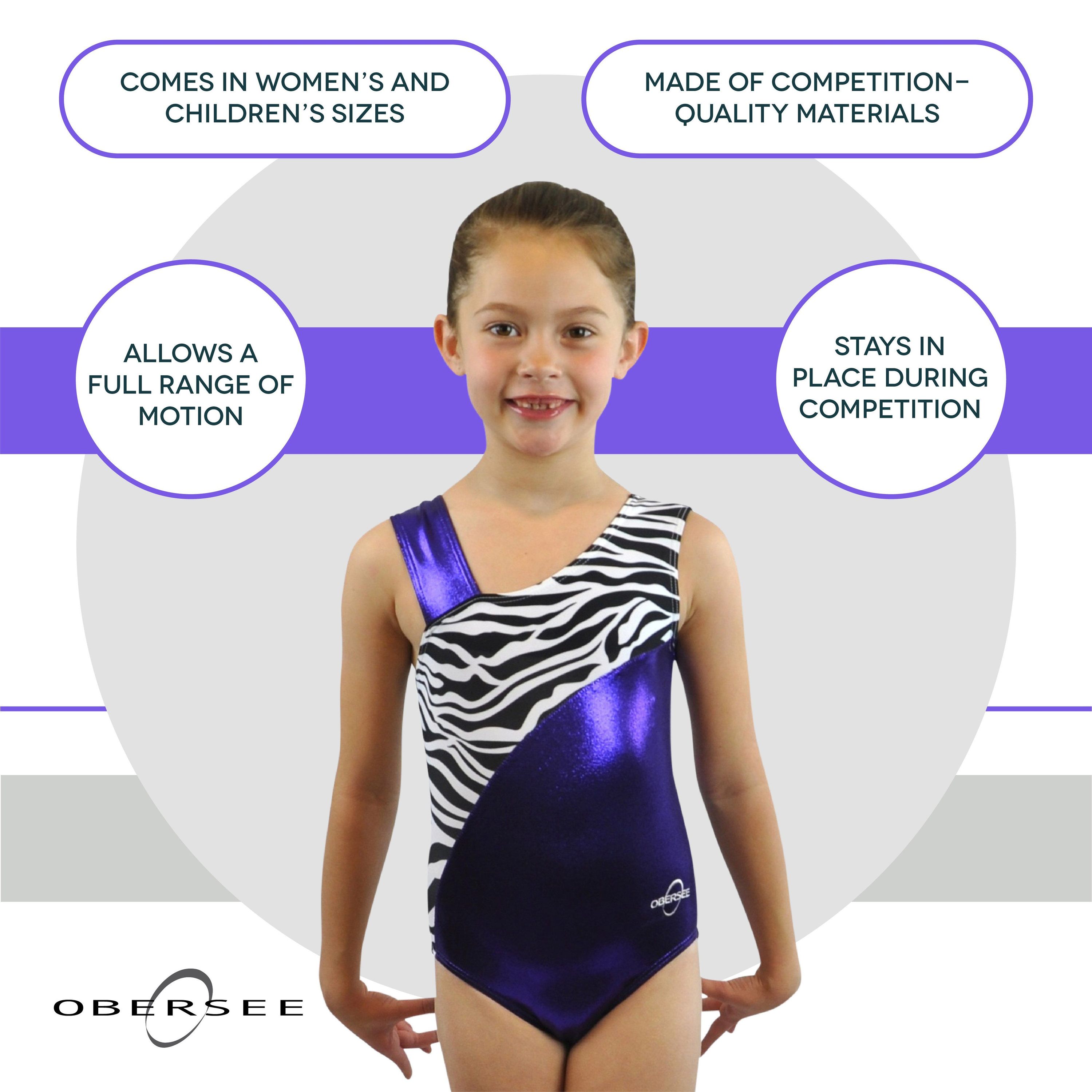 Obersee Girls Gymnastics Leotard in purple zebra design, showcasing its scoop neck and no-sleeve style, perfect for gymnastics and dance.