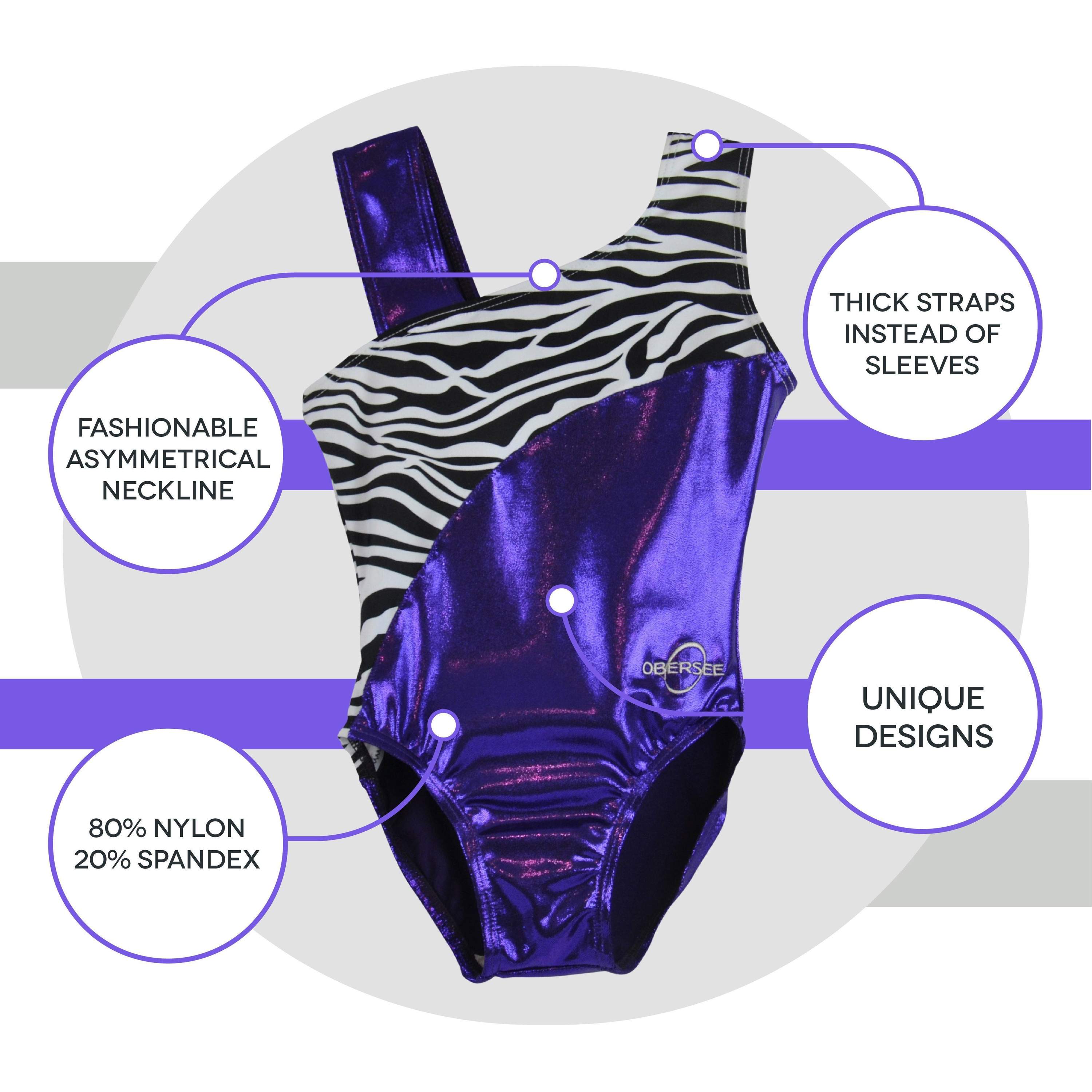Obersee Girls Gymnastics Leotard in purple zebra design, showcasing its scoop neck and no-sleeve style, perfect for gymnastics and dance.