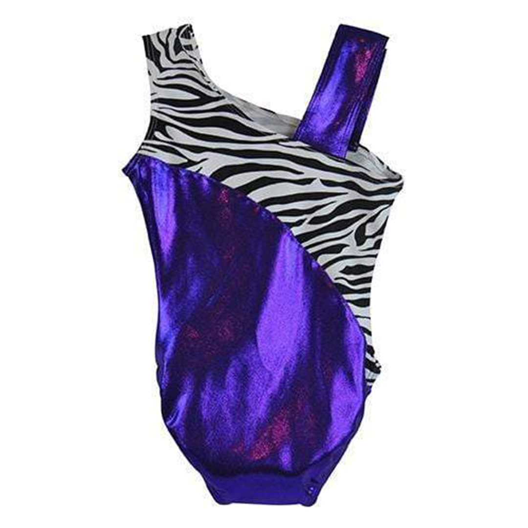 Obersee Girls Gymnastics Leotard in purple zebra design, showcasing its scoop neck and no-sleeve style, perfect for gymnastics and dance.