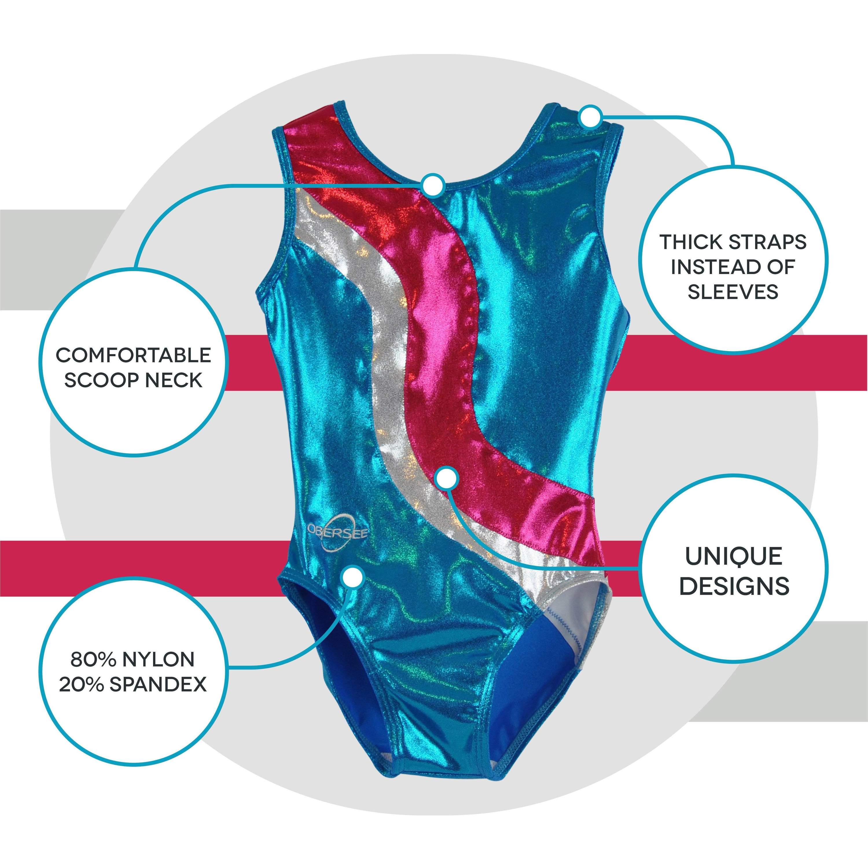 Obersee Girls Gymnastics Leotard in turquoise with pink and silver accents, showcasing a scoop neck and sleeveless design, perfect for young athletes.