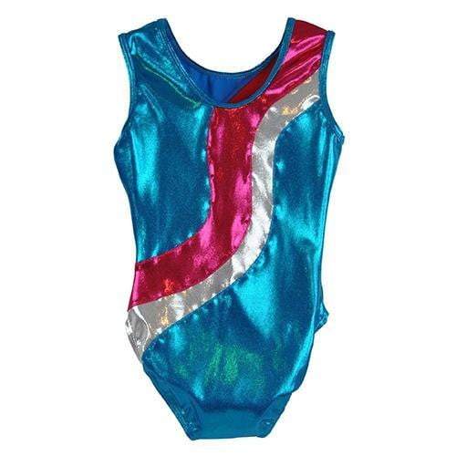 Obersee Girls Gymnastics Leotard in turquoise with pink and silver accents, showcasing a scoop neck and sleeveless design, perfect for young athletes.