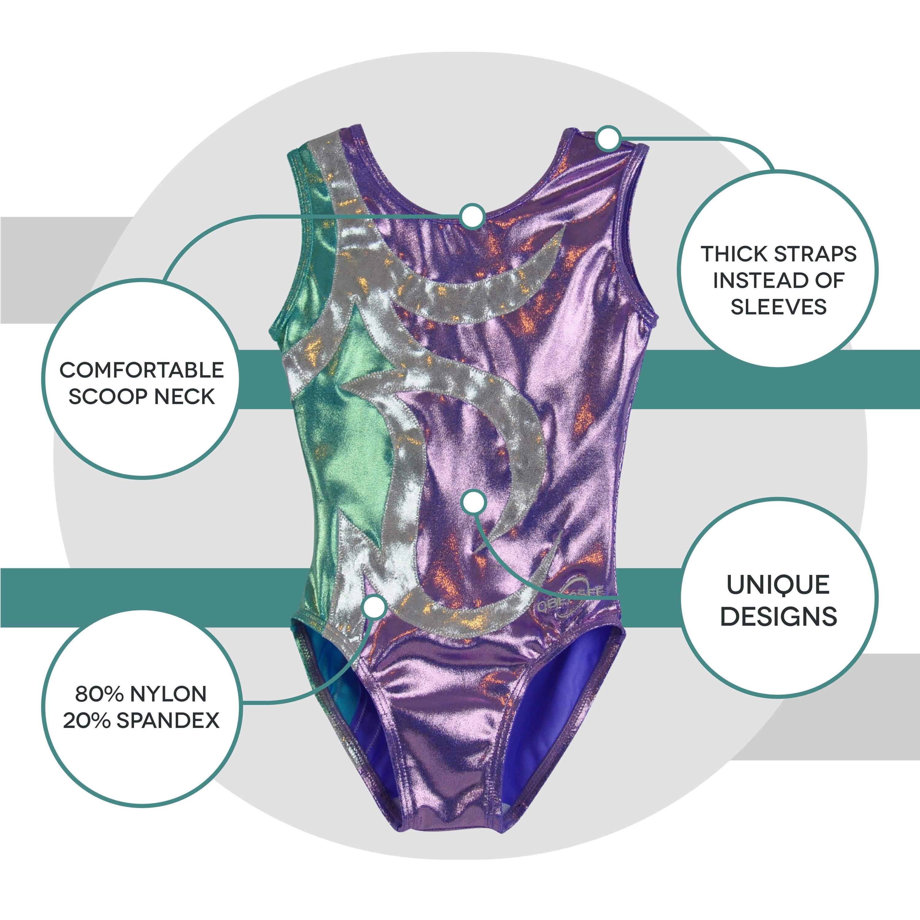 O3GL042 Obersee Girls Gymnastics Leotard in lilac, silver, and turquoise, showcasing its stylish scoop neck and sleeveless design.