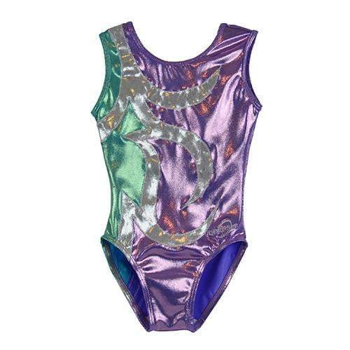 O3GL042 Obersee Girls Gymnastics Leotard in lilac, silver, and turquoise, showcasing its stylish scoop neck and sleeveless design.