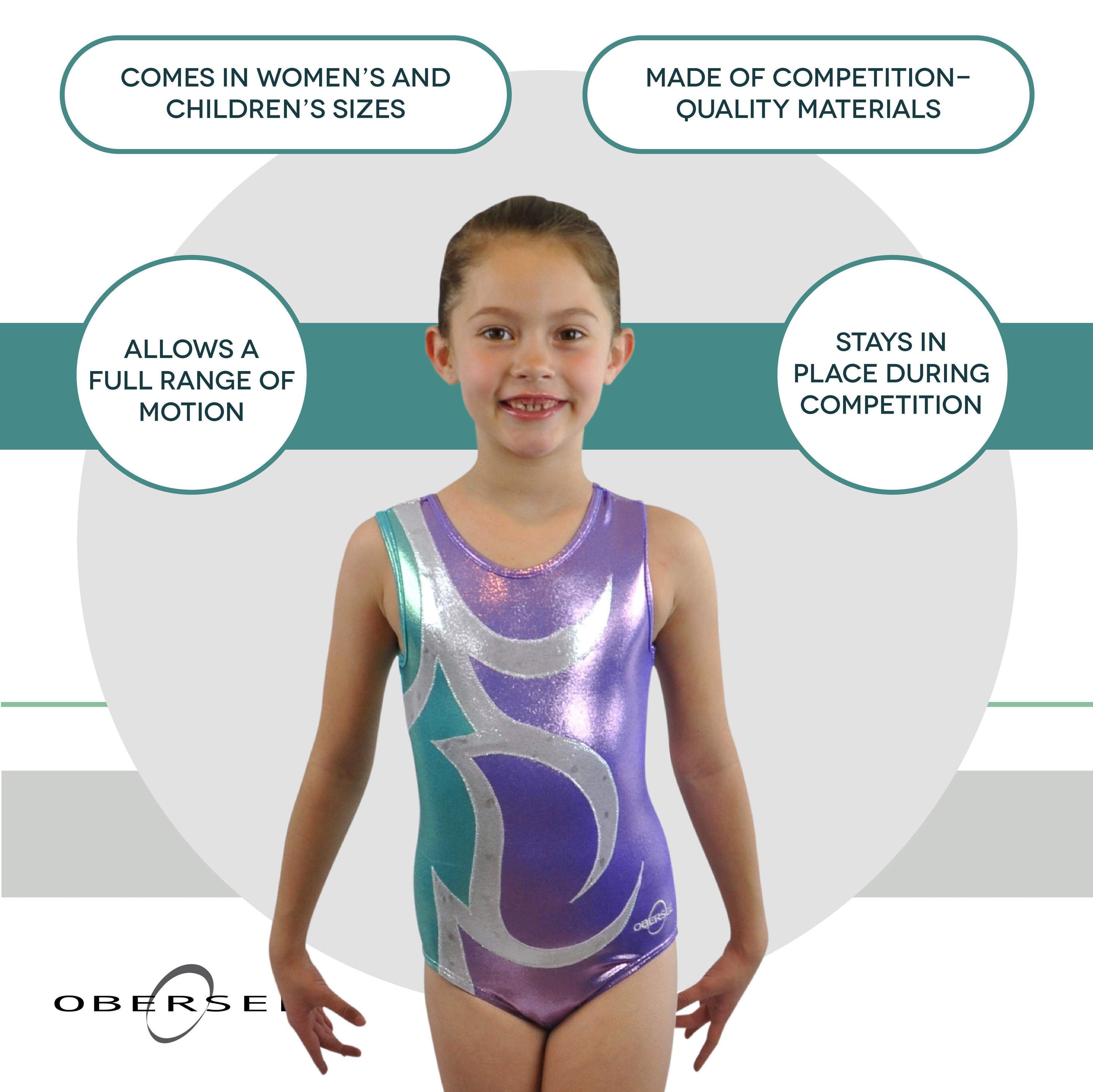 O3GL042 Obersee Girls Gymnastics Leotard in lilac, silver, and turquoise, showcasing its stylish scoop neck and sleeveless design.