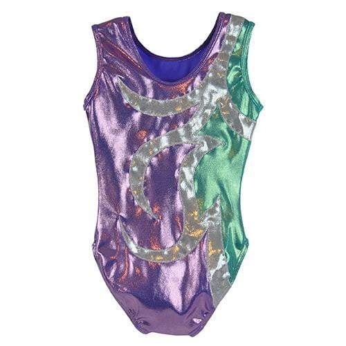 O3GL042 Obersee Girls Gymnastics Leotard in lilac, silver, and turquoise, showcasing its stylish scoop neck and sleeveless design.