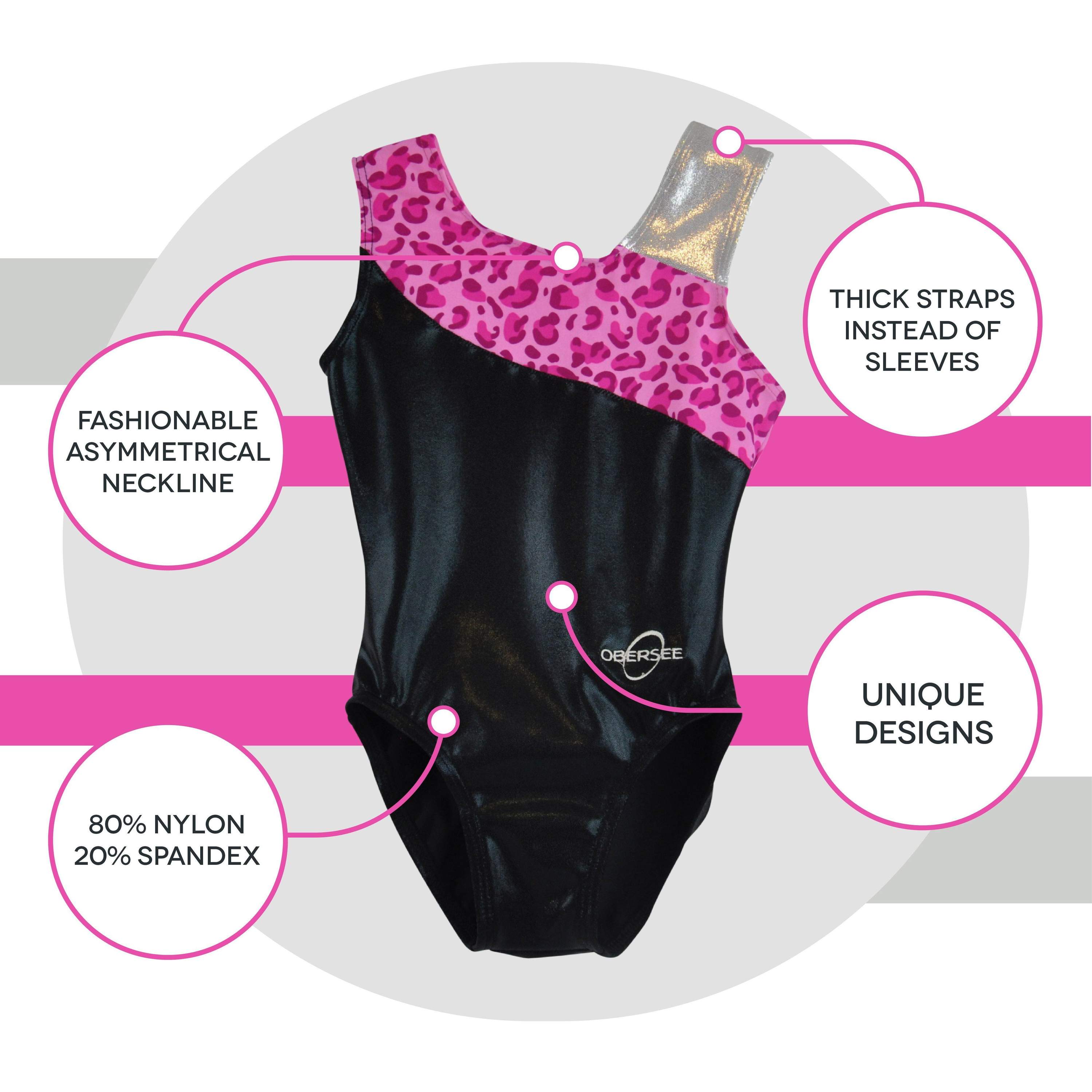 O3GL043 Obersee Girls Gymnastics Leotard in pink leopard design, showcasing its asymmetrical neckline and vibrant colors.