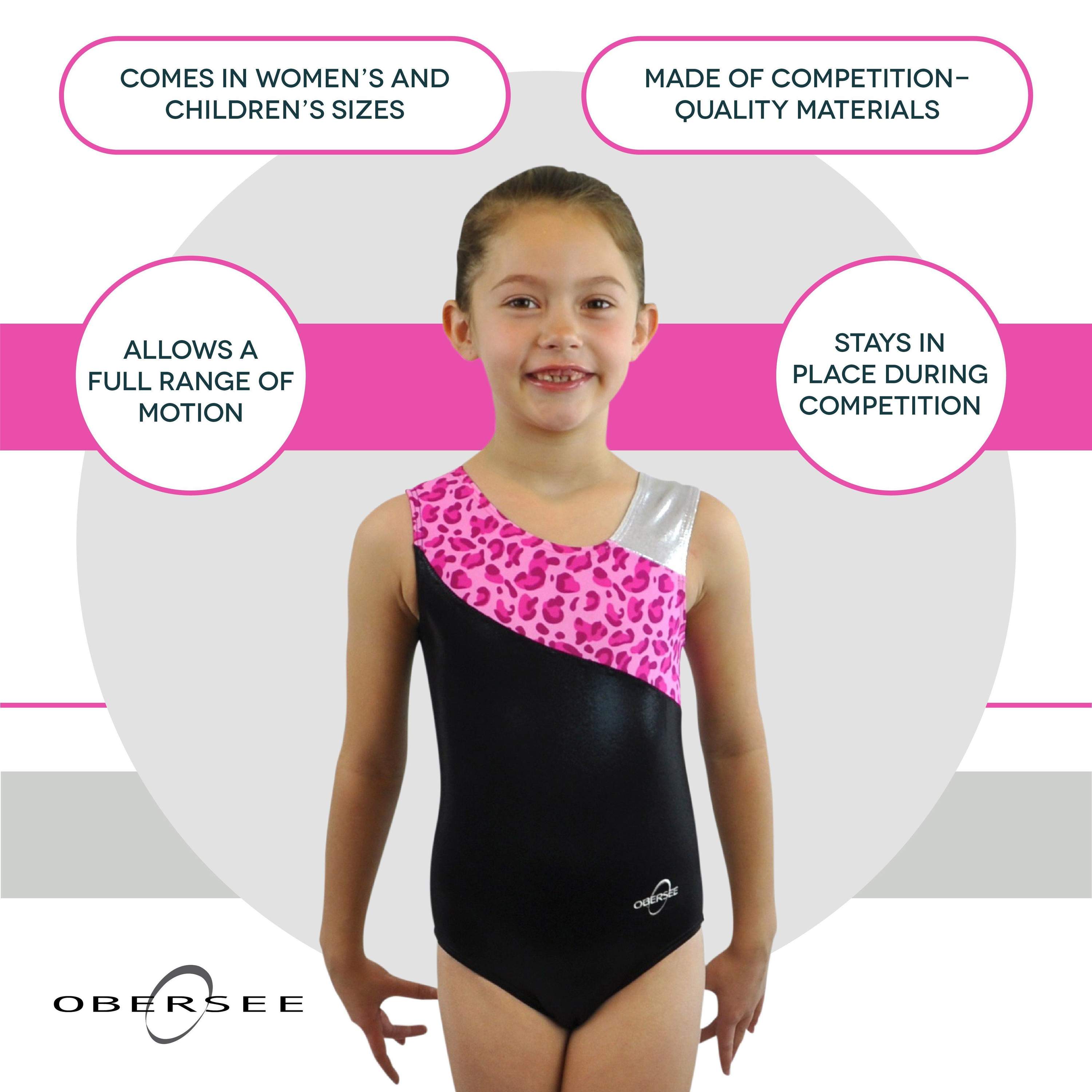 O3GL043 Obersee Girls Gymnastics Leotard in pink leopard design, showcasing its asymmetrical neckline and vibrant colors.