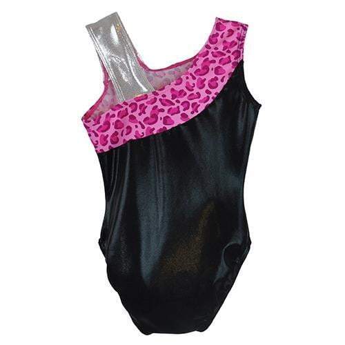 O3GL043 Obersee Girls Gymnastics Leotard in pink leopard design, showcasing its asymmetrical neckline and vibrant colors.