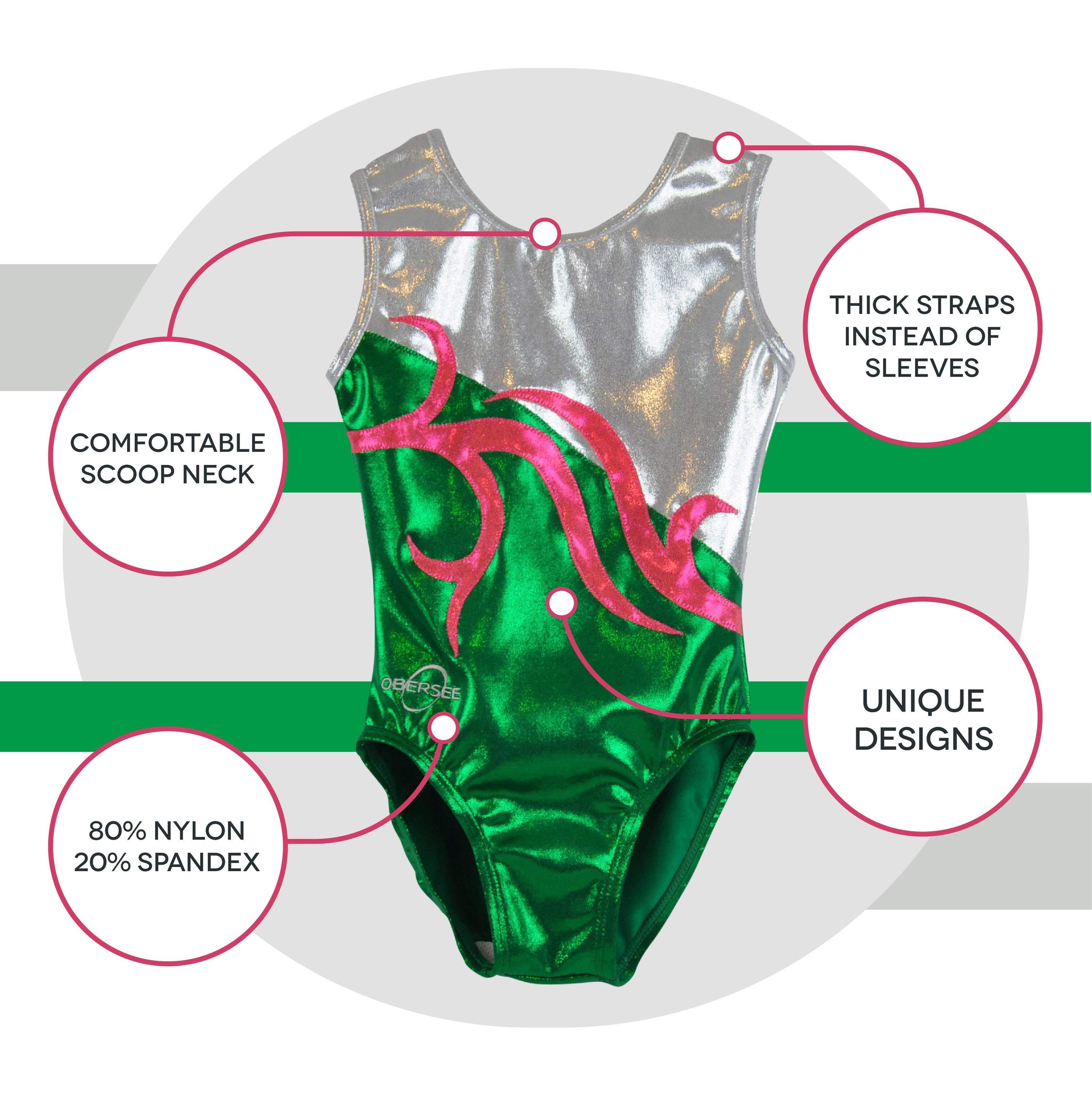 O3GL045 Obersee Girls Gymnastics Leotard in Carrie Green with pink and silver accents, showcasing a scoop neck design and sleeveless style.