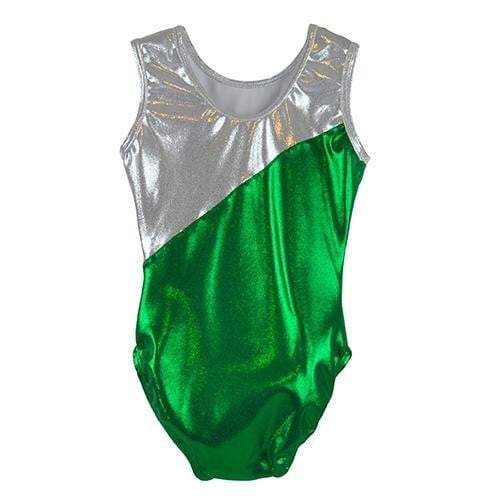 O3GL045 Obersee Girls Gymnastics Leotard in Carrie Green with pink and silver accents, showcasing a scoop neck design and sleeveless style.