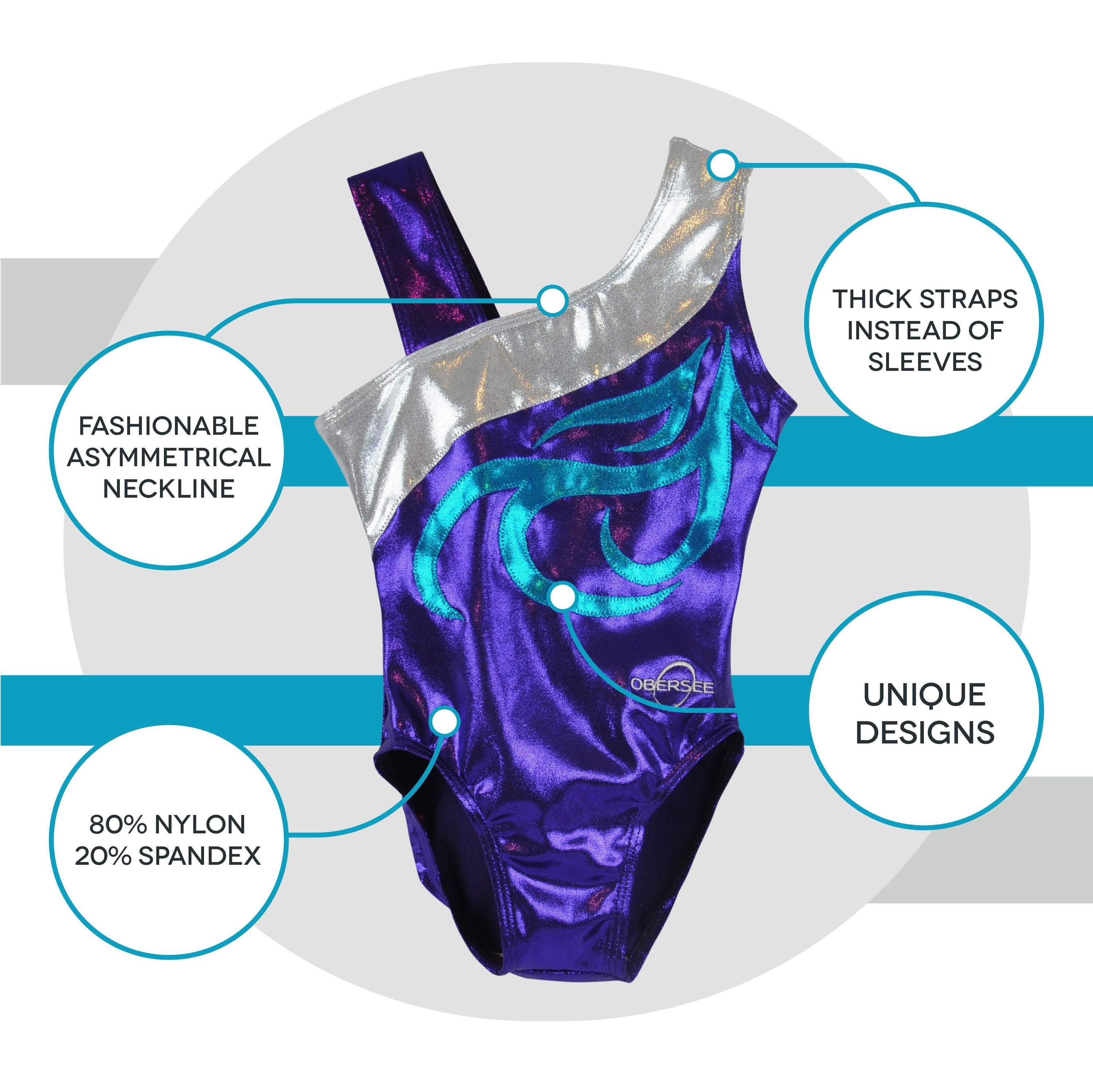 Obersee Girls Gymnastics Leotard in Energy Purple with asymmetrical neckline and shimmering fabric, designed for performance and comfort.