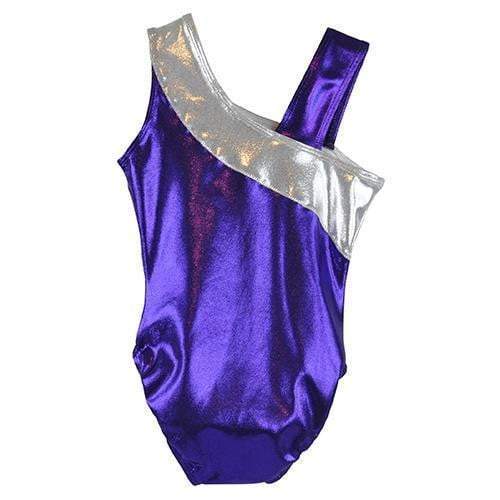 Obersee Girls Gymnastics Leotard in Energy Purple with asymmetrical neckline and shimmering fabric, designed for performance and comfort.