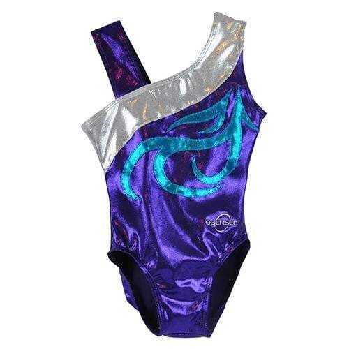 Obersee Girls Gymnastics Leotard in Energy Purple with asymmetrical neckline and shimmering fabric, designed for performance and comfort.