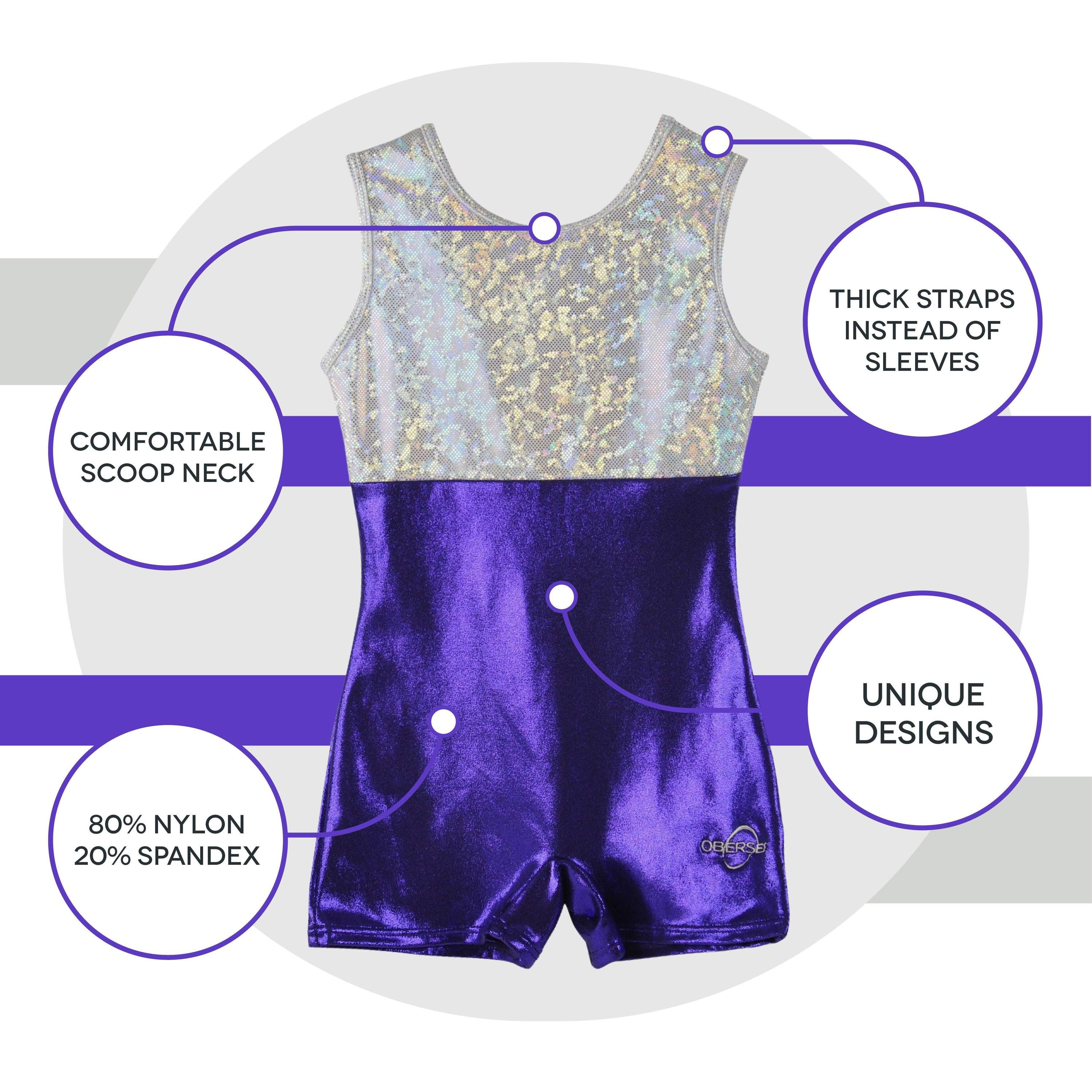Obersee Girls Gymnastics Leotard in purple and silver, showcasing a stylish scoop neck design and short legs for optimal movement.
