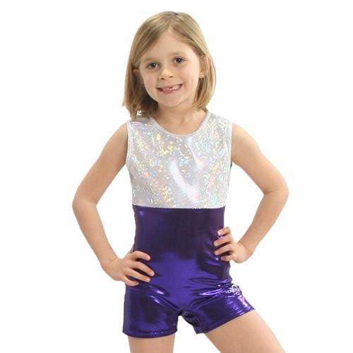 Obersee Girls Gymnastics Leotard in purple and silver, showcasing a stylish scoop neck design and short legs for optimal movement.