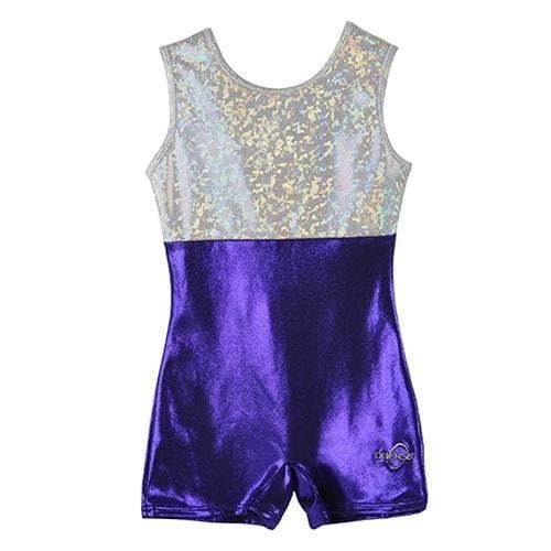 Obersee Girls Gymnastics Leotard in purple and silver, showcasing a stylish scoop neck design and short legs for optimal movement.