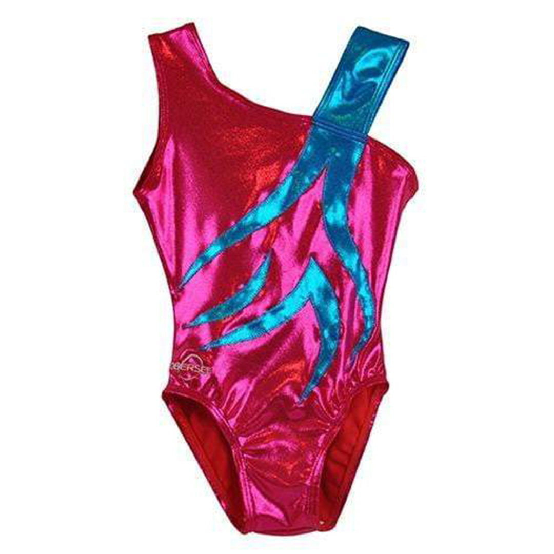 O3GL050 Obersee Girls Gymnastics Leotard in Spin Fuchsia with turquoise accents, showcasing its asymmetrical neckline and double straps.