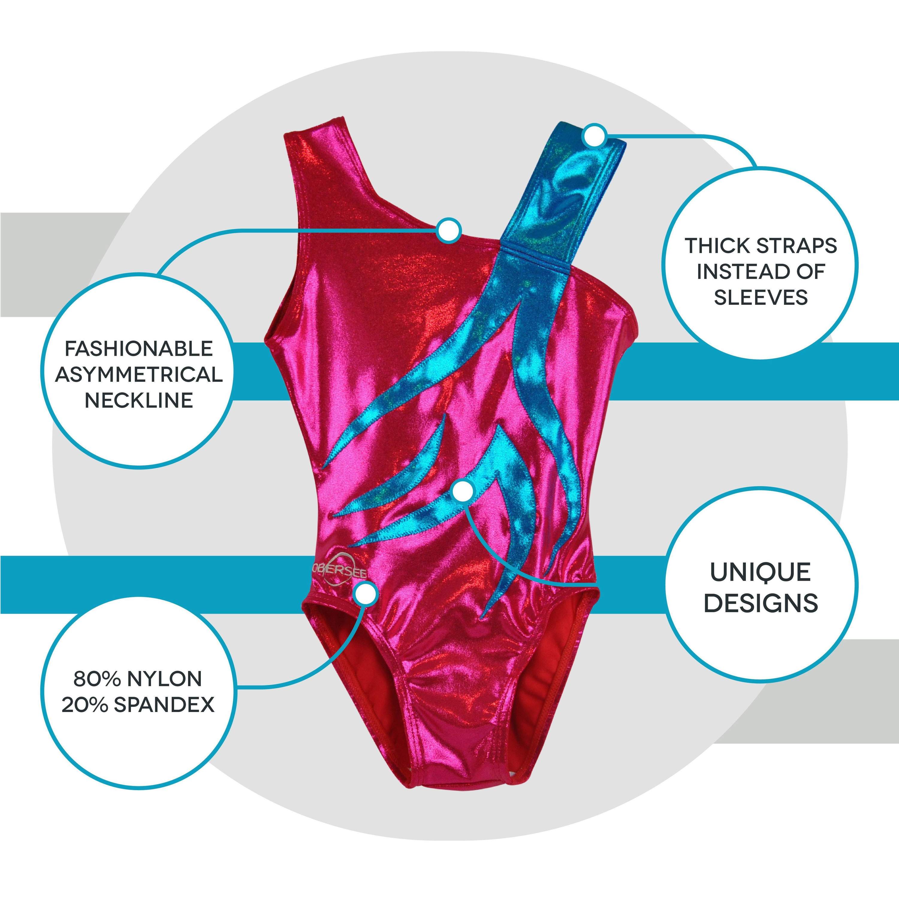 O3GL050 Obersee Girls Gymnastics Leotard in Spin Fuchsia with turquoise accents, showcasing its asymmetrical neckline and double straps.