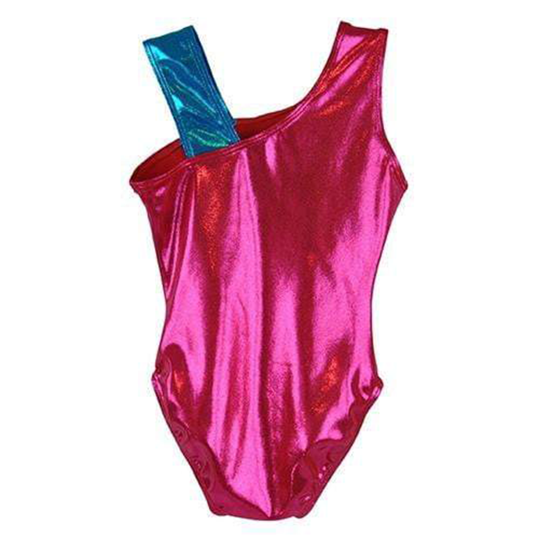O3GL050 Obersee Girls Gymnastics Leotard in Spin Fuchsia with turquoise accents, showcasing its asymmetrical neckline and double straps.