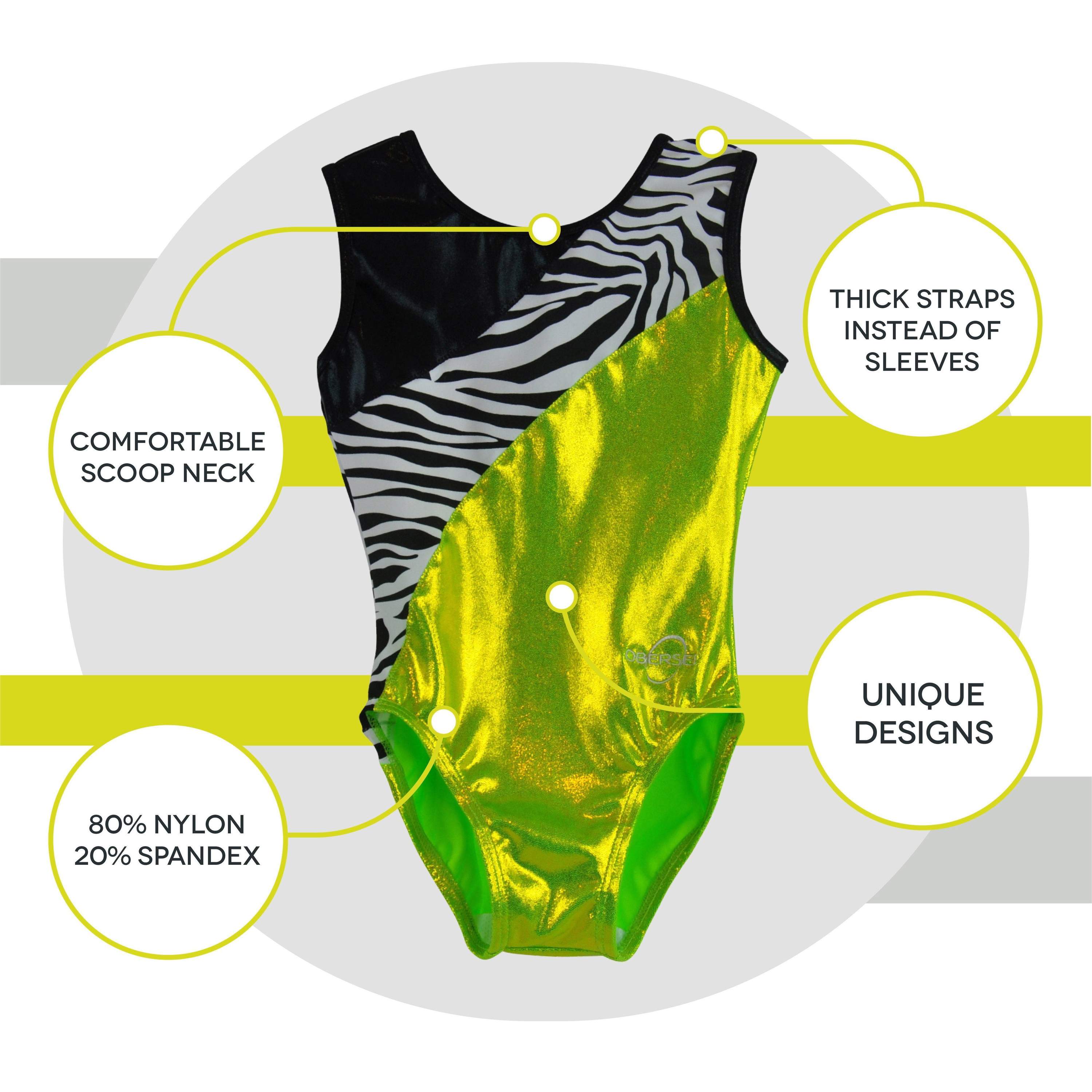 Obersee Girls Gymnastics Leotard in Lime Zebra design, showcasing vibrant colors and a stylish scoop neck.