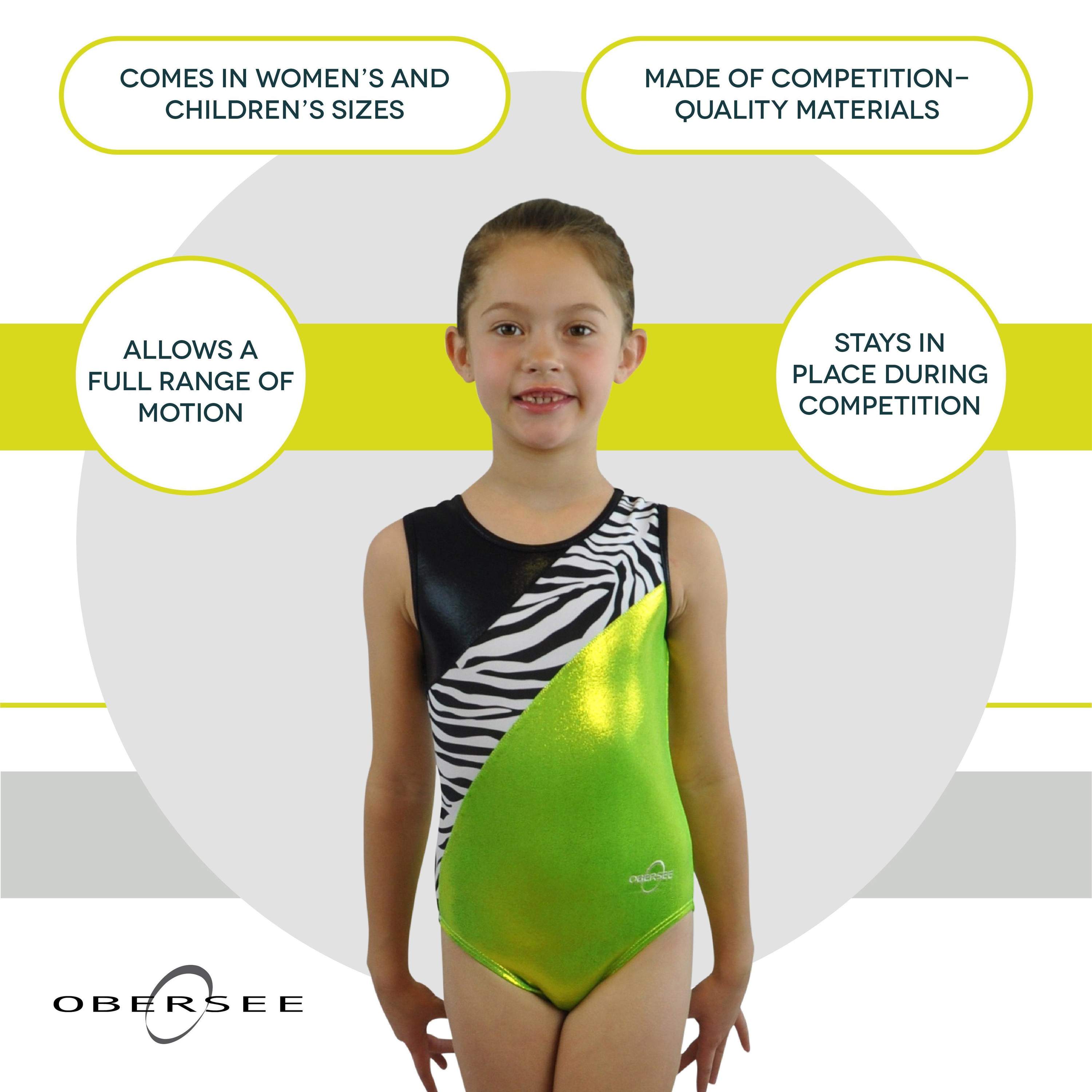 Obersee Girls Gymnastics Leotard in Lime Zebra design, showcasing vibrant colors and a stylish scoop neck.
