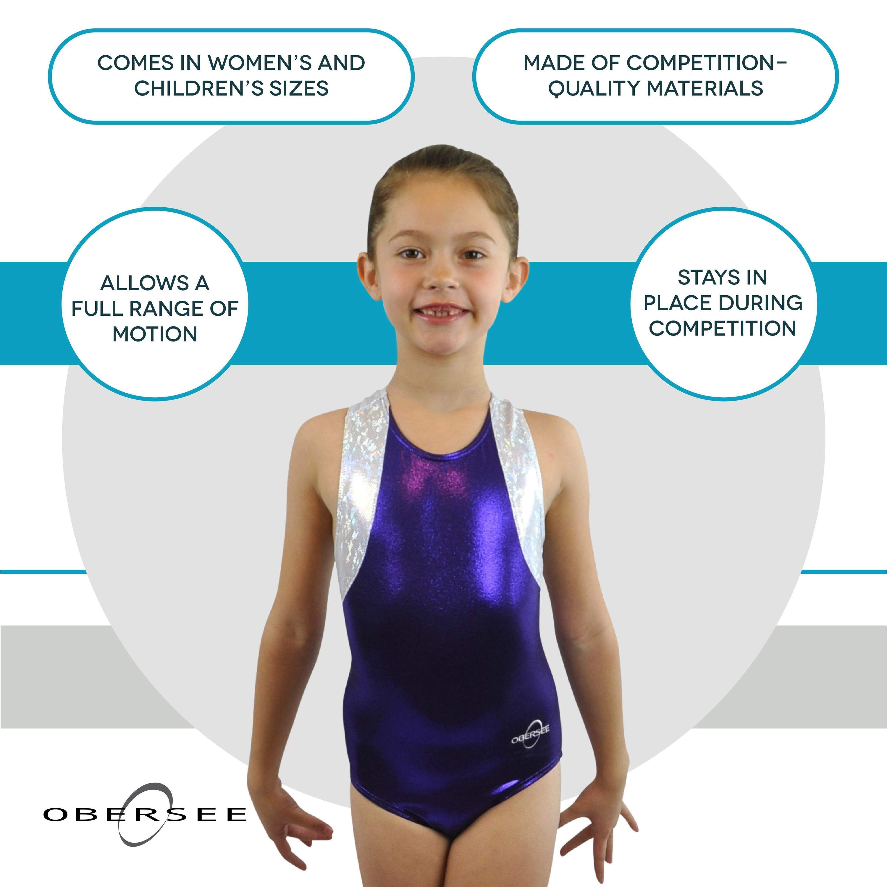 Obersee Girls Gymnastics Leotard in purple and silver with cross back design, showcasing its stylish and functional features.