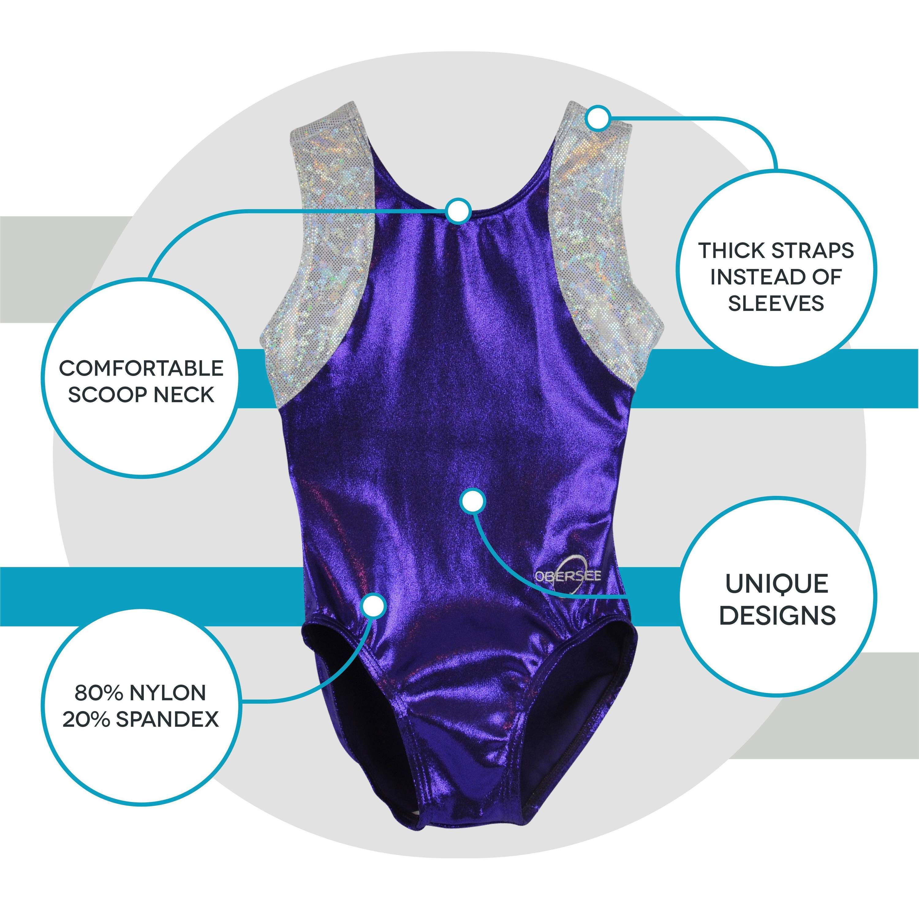 Obersee Girls Gymnastics Leotard in purple and silver with cross back design, showcasing its stylish and functional features.