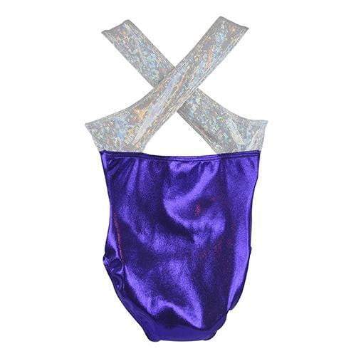 Obersee Girls Gymnastics Leotard in purple and silver with cross back design, showcasing its stylish and functional features.