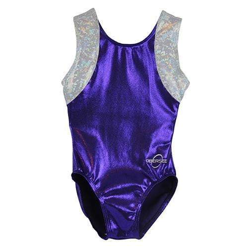 Obersee Girls Gymnastics Leotard in purple and silver with cross back design, showcasing its stylish and functional features.
