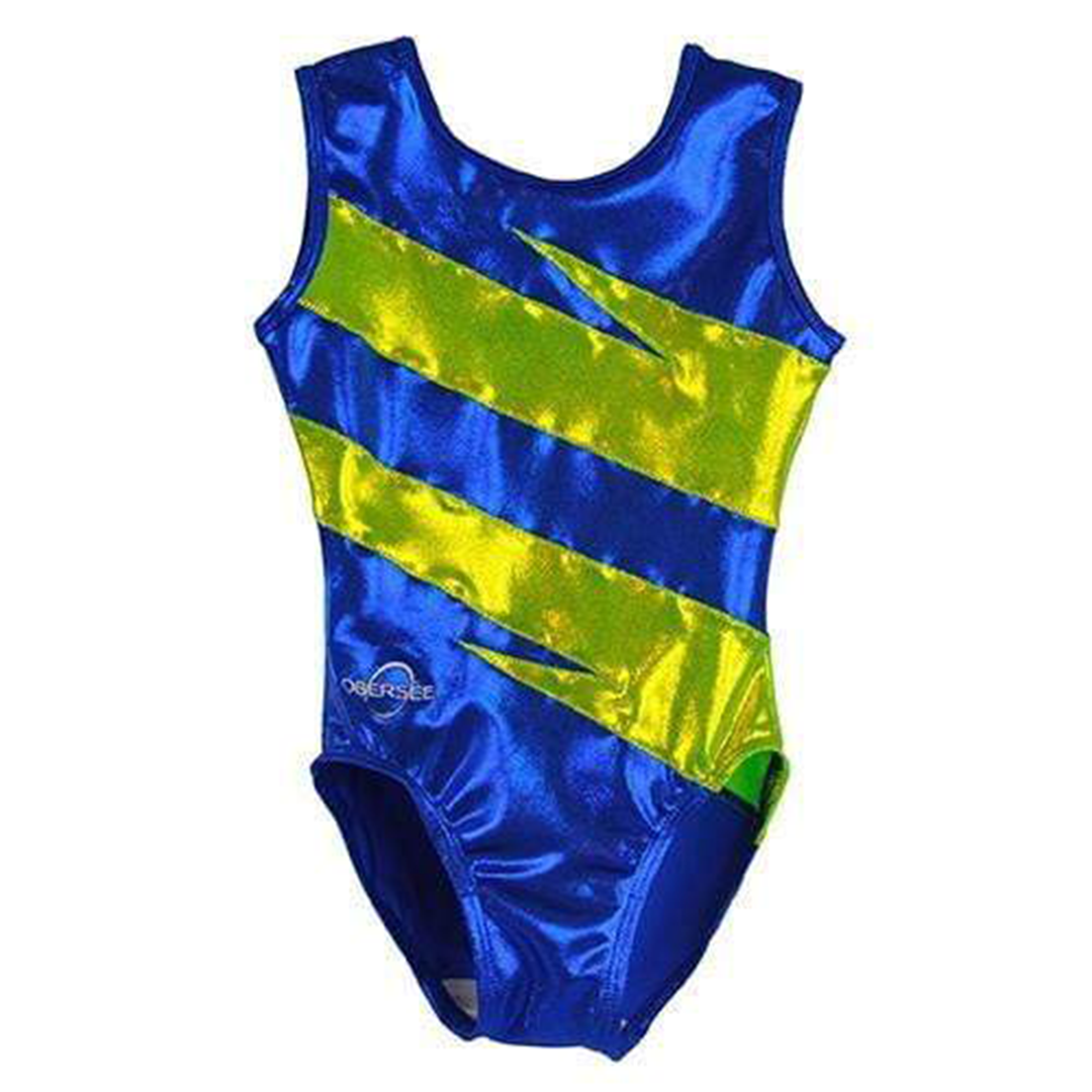 Obersee Girls Gymnastics Leotard in royal blue and lime green, showcasing a scoop neck design and thick straps, perfect for gymnastics and dance.