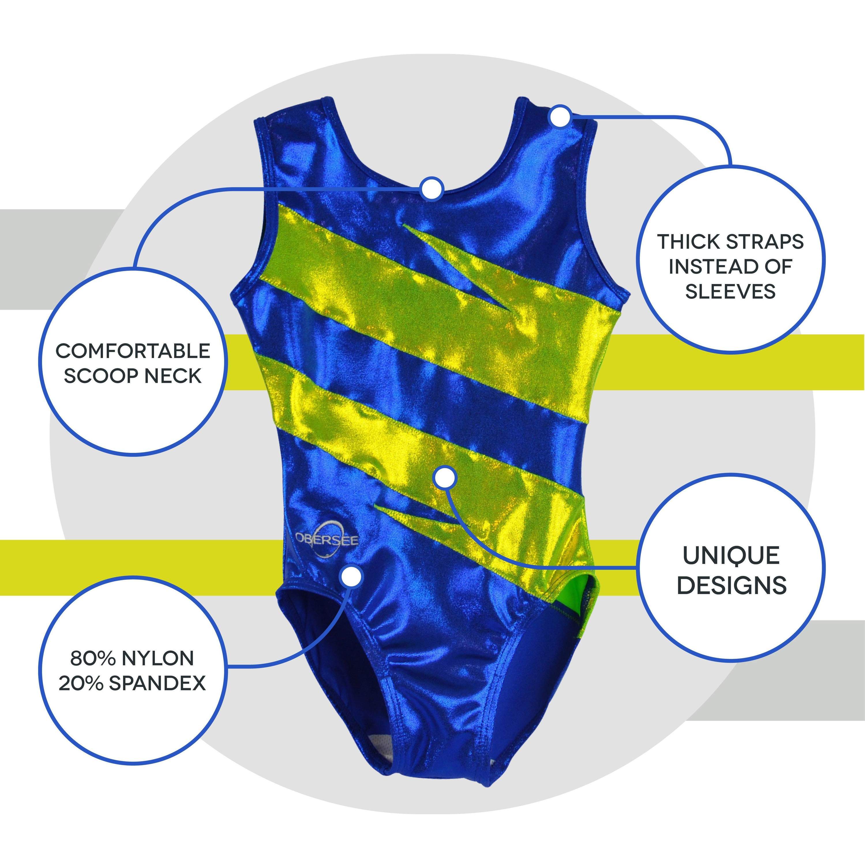 Obersee Girls Gymnastics Leotard in royal blue and lime green, showcasing a scoop neck design and thick straps, perfect for gymnastics and dance.