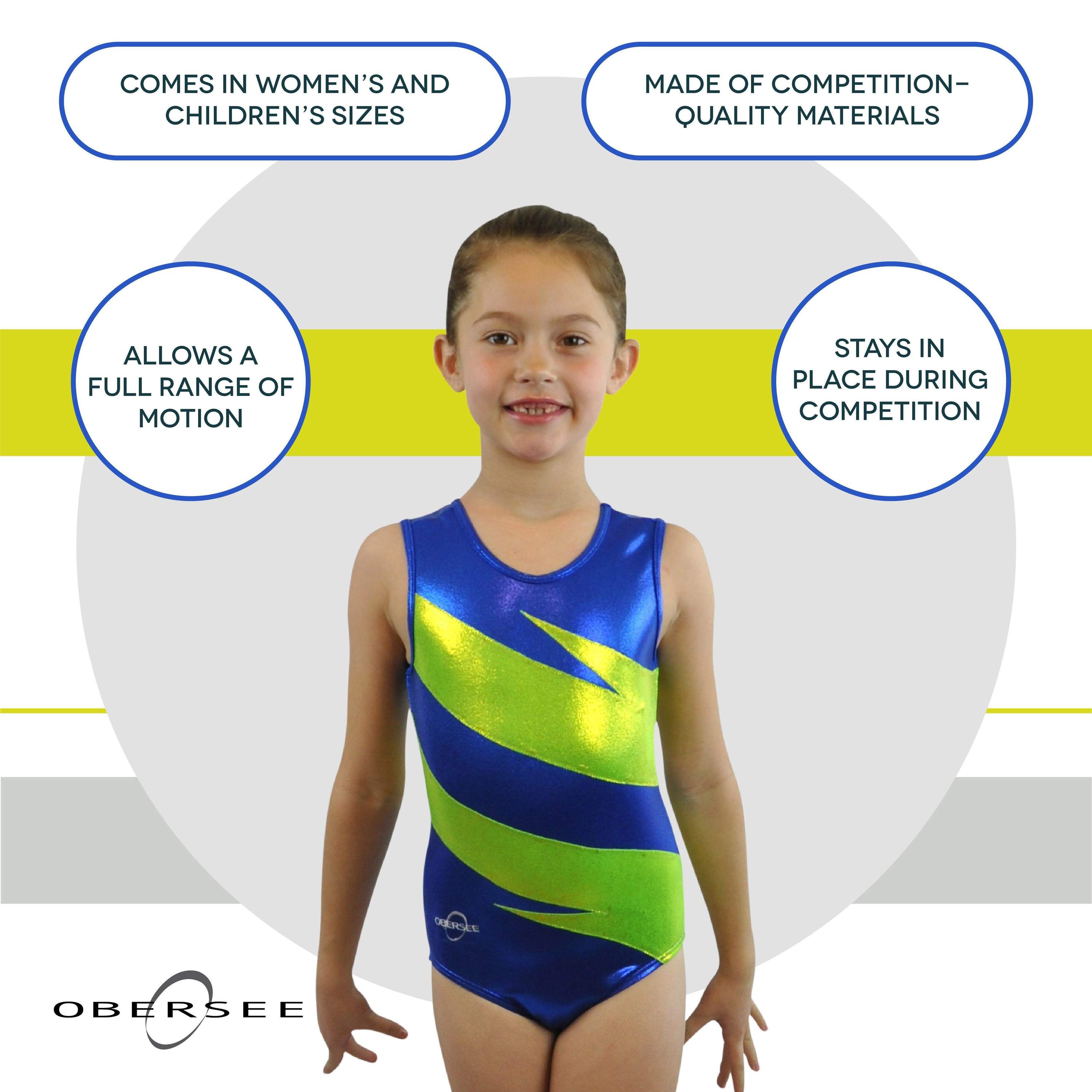 Obersee Girls Gymnastics Leotard in royal blue and lime green, showcasing a scoop neck design and thick straps, perfect for gymnastics and dance.