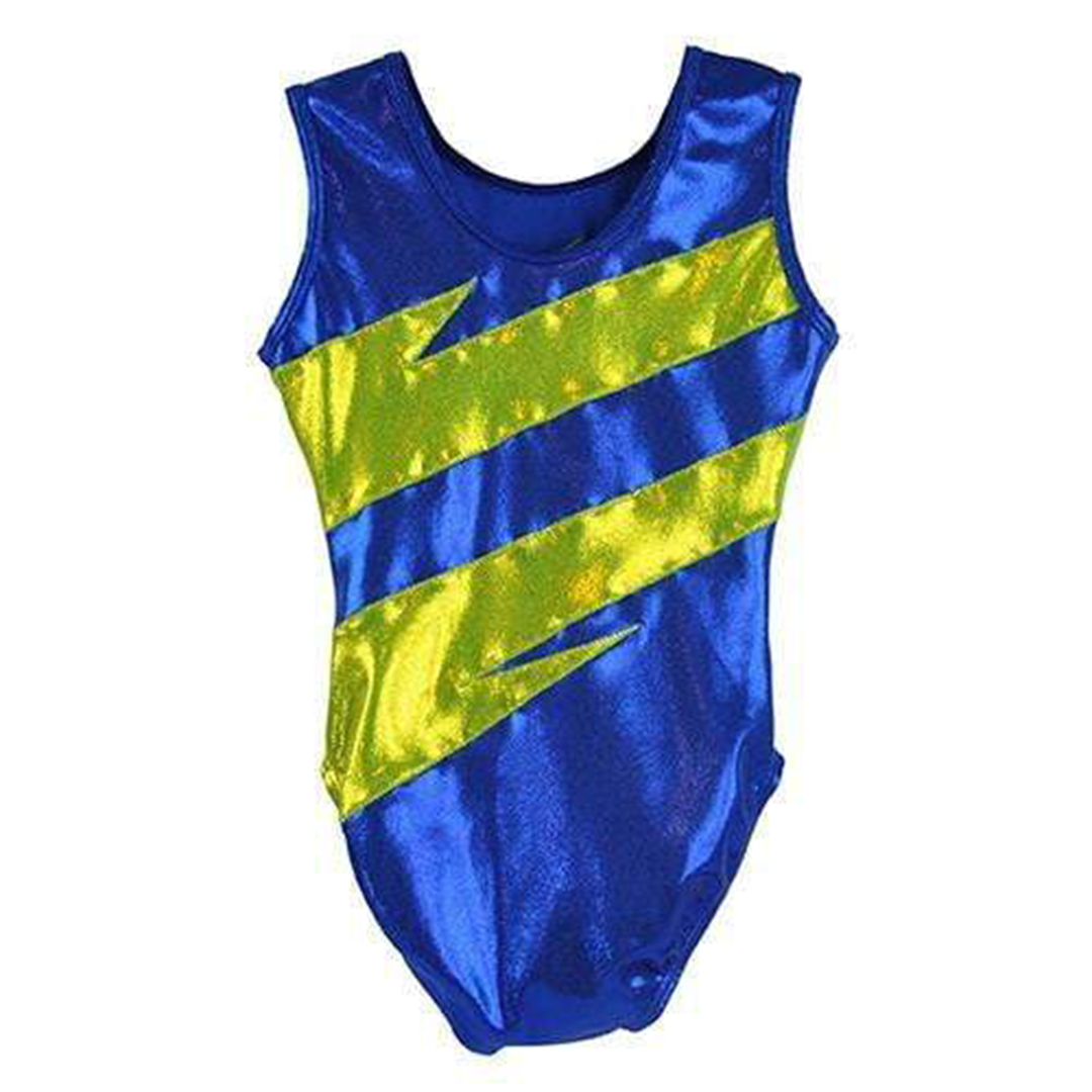 Obersee Girls Gymnastics Leotard in royal blue and lime green, showcasing a scoop neck design and thick straps, perfect for gymnastics and dance.