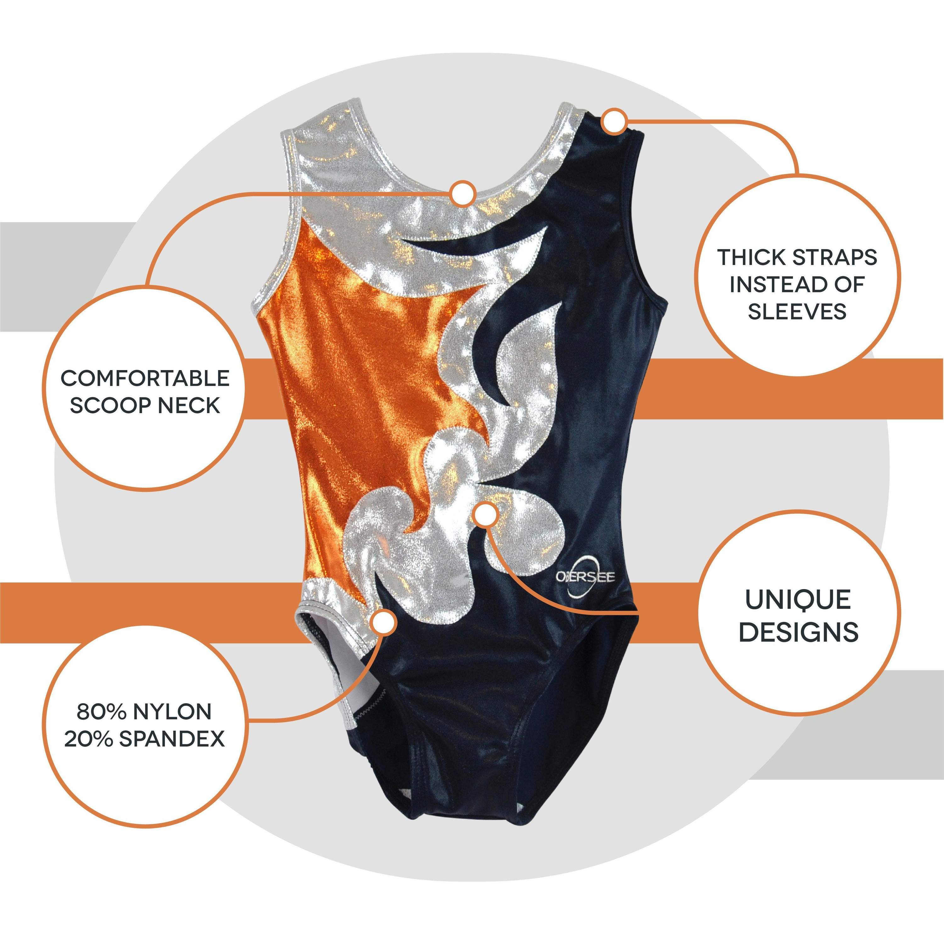 O3GL062 Obersee Girls Gymnastics Leotard in navy, orange, and silver, showcasing its scoop neck design and vibrant colors.