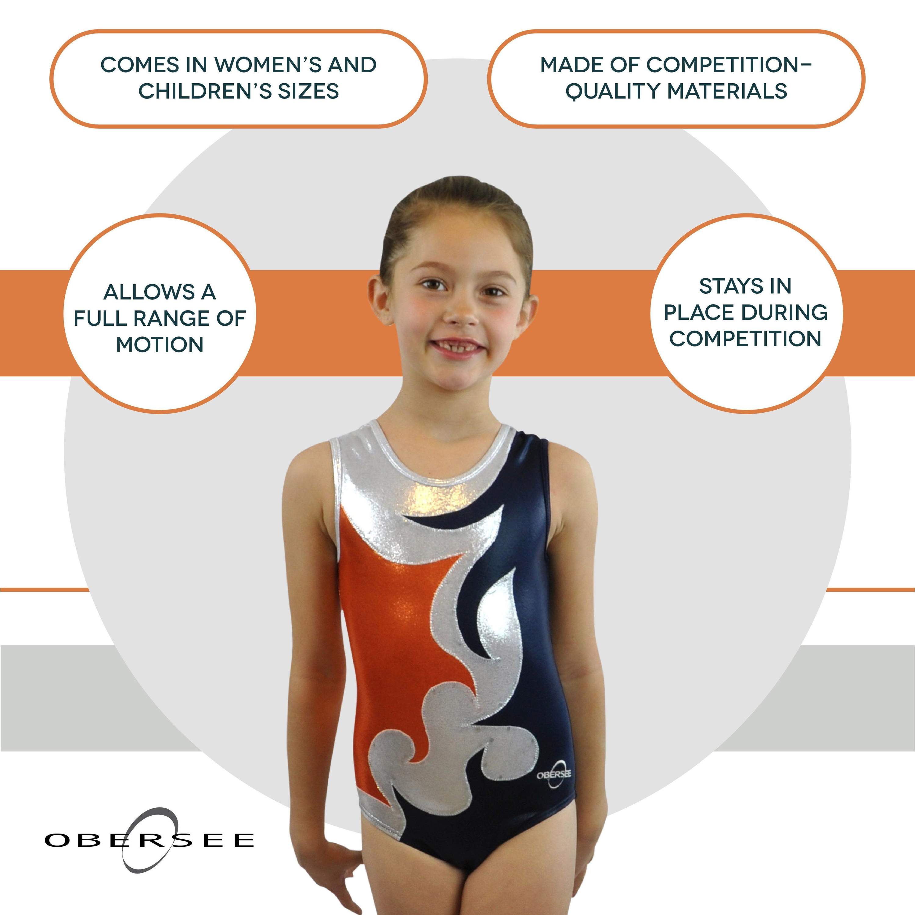 O3GL062 Obersee Girls Gymnastics Leotard in navy, orange, and silver, showcasing its scoop neck design and vibrant colors.