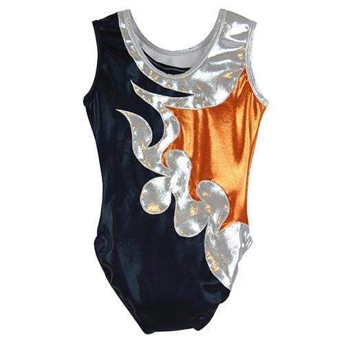 O3GL062 Obersee Girls Gymnastics Leotard in navy, orange, and silver, showcasing its scoop neck design and vibrant colors.