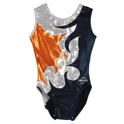 O3GL062 Obersee Girls Gymnastics Leotard in navy, orange, and silver, showcasing its scoop neck design and vibrant colors.