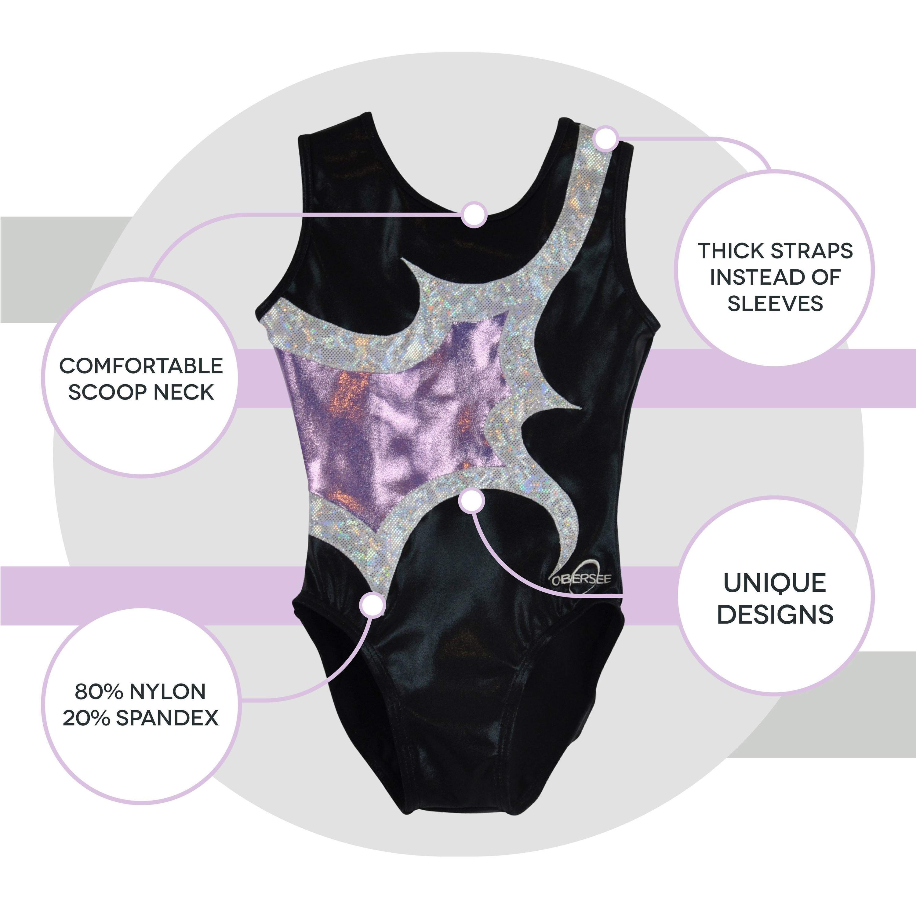 O3GL065 Obersee Girls Gymnastics Leotard in lilac, black, and silver, showcasing its stylish scoop neck design and sleeveless cut.