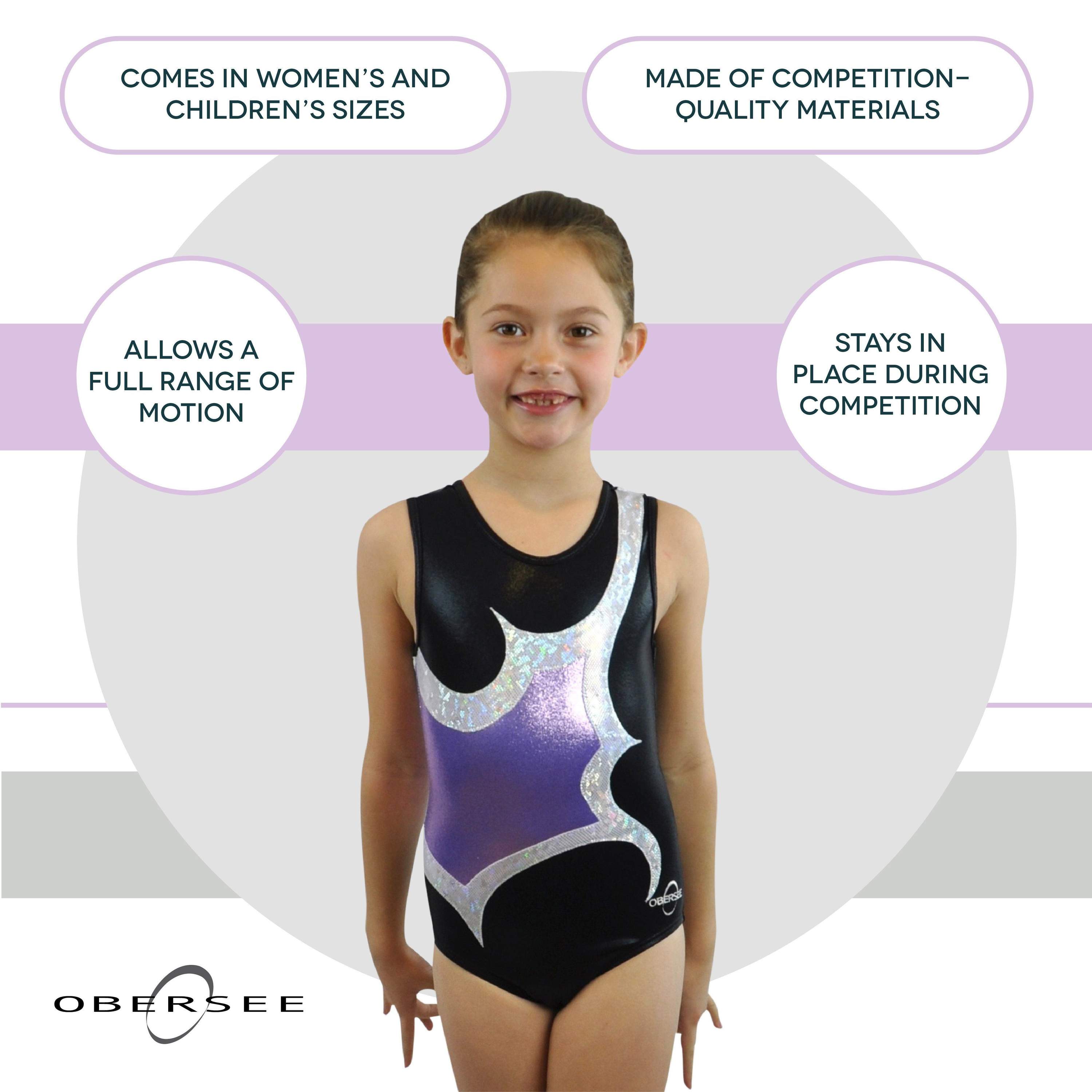 O3GL065 Obersee Girls Gymnastics Leotard in lilac, black, and silver, showcasing its stylish scoop neck design and sleeveless cut.