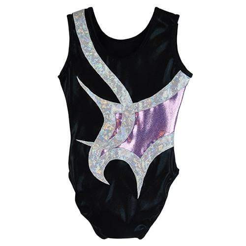 O3GL065 Obersee Girls Gymnastics Leotard in lilac, black, and silver, showcasing its stylish scoop neck design and sleeveless cut.