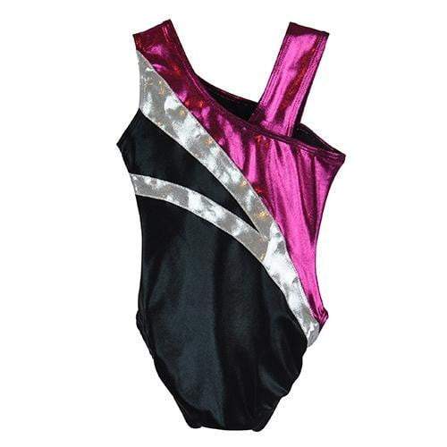 Obersee Girls Gymnastics Leotard in Black Arcs design, showcasing vibrant colors and asymmetrical neckline, perfect for young gymnasts.