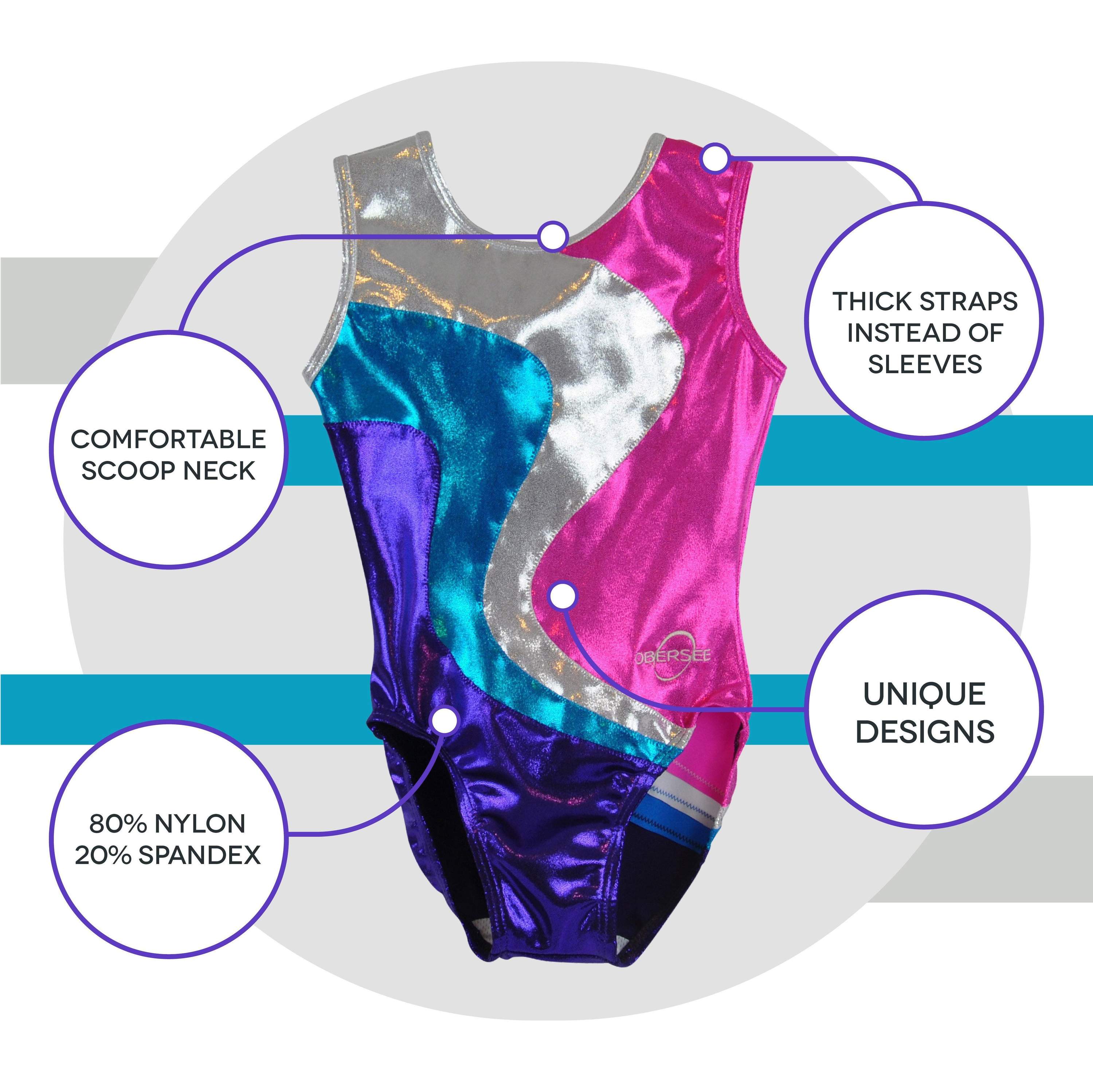 Obersee Girls Gymnastics Leotard in Dizzy Purple, showcasing vibrant colors and a stylish scoop neck design, perfect for young athletes.