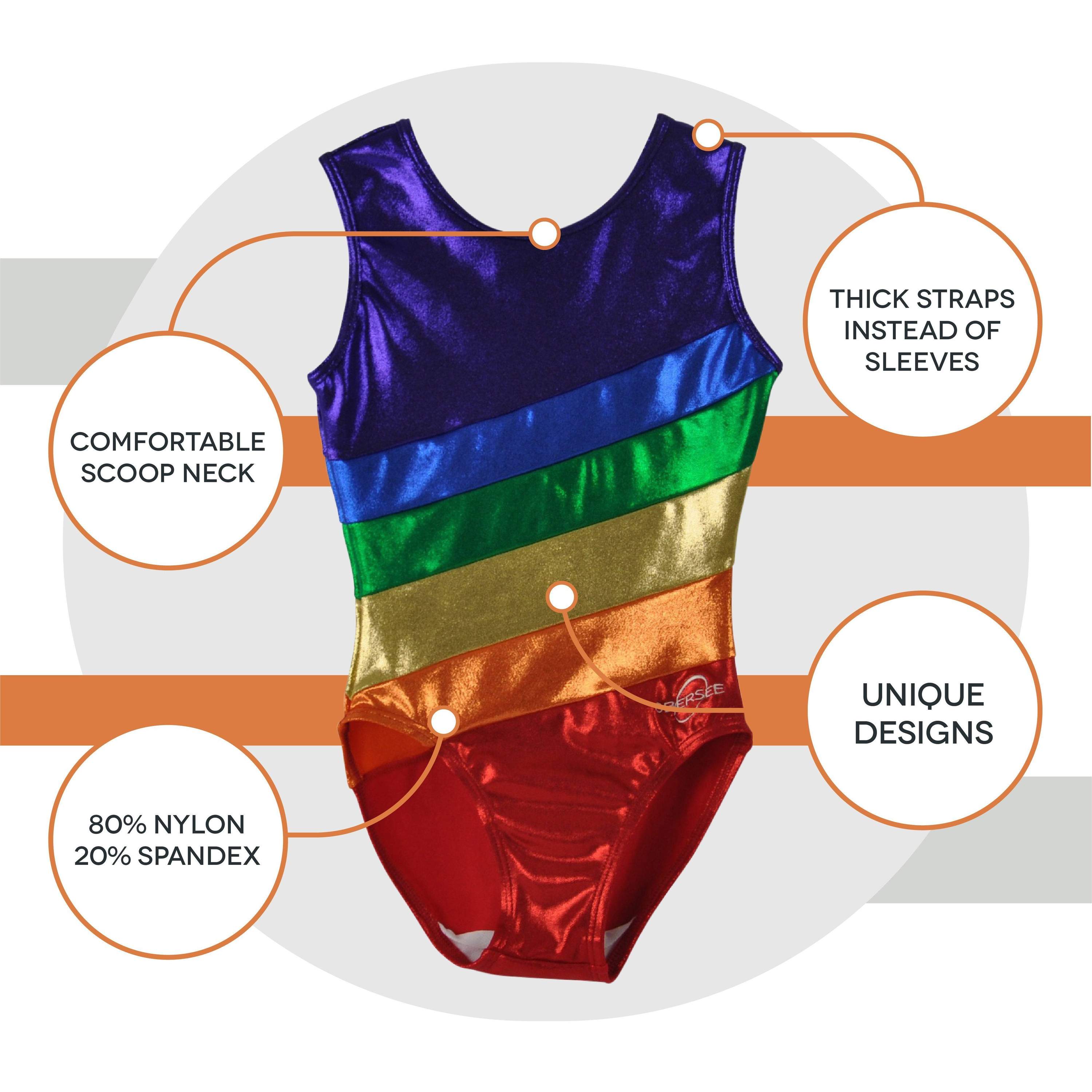 Obersee Girls Gymnastics Leotard in vibrant rainbow colors, showcasing a scoop neck design and no sleeves for maximum movement.