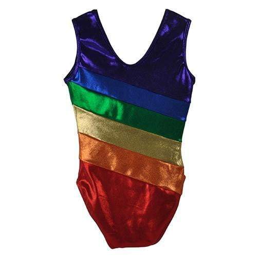 Obersee Girls Gymnastics Leotard in vibrant rainbow colors, showcasing a scoop neck design and no sleeves for maximum movement.