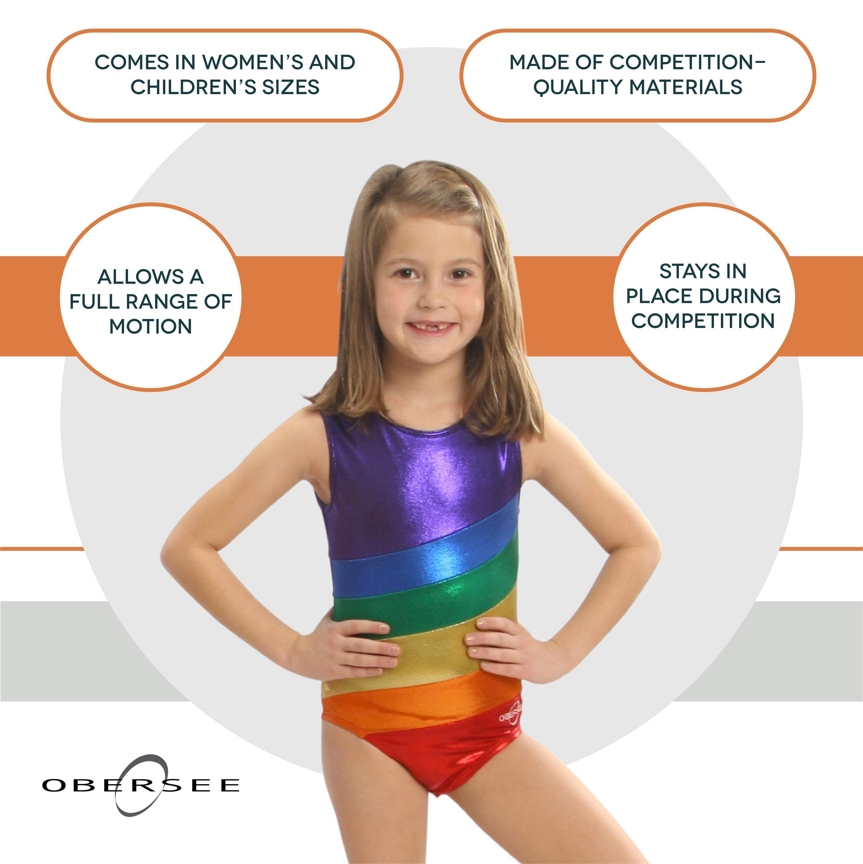 Obersee Girls Gymnastics Leotard in vibrant rainbow colors, showcasing a scoop neck design and no sleeves for maximum movement.