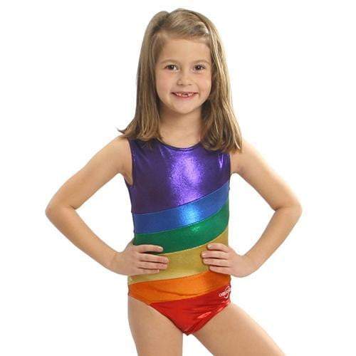 Obersee Girls Gymnastics Leotard in vibrant rainbow colors, showcasing a scoop neck design and no sleeves for maximum movement.