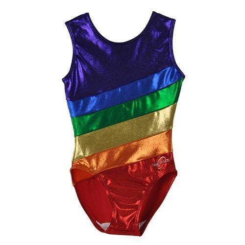 Obersee Girls Gymnastics Leotard in vibrant rainbow colors, showcasing a scoop neck design and no sleeves for maximum movement.