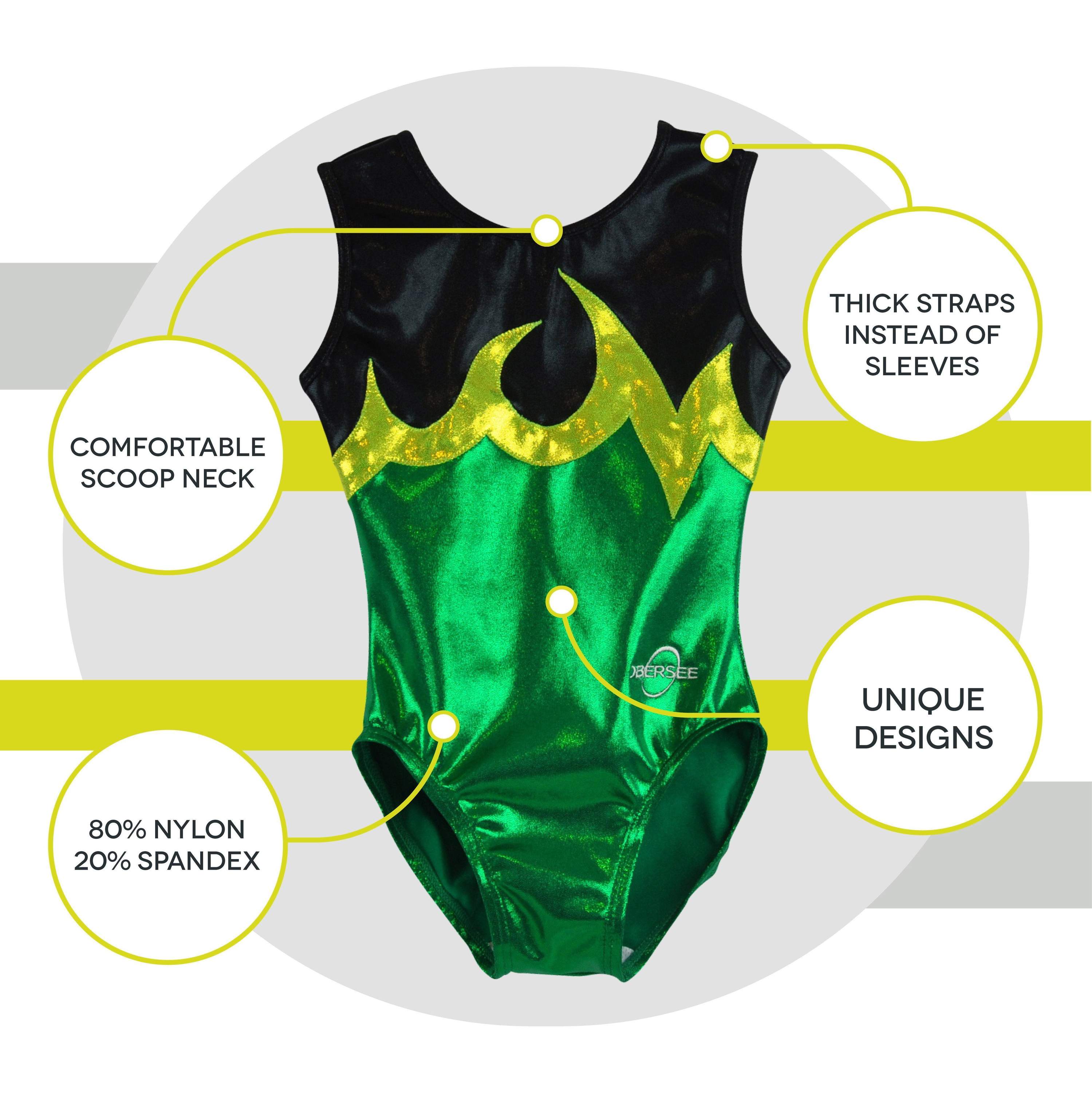 O3GL070 Obersee Girls Gymnastics Leotard in Ace Green with black and yellow accents, showcasing a scoop neck design and sleeveless style.