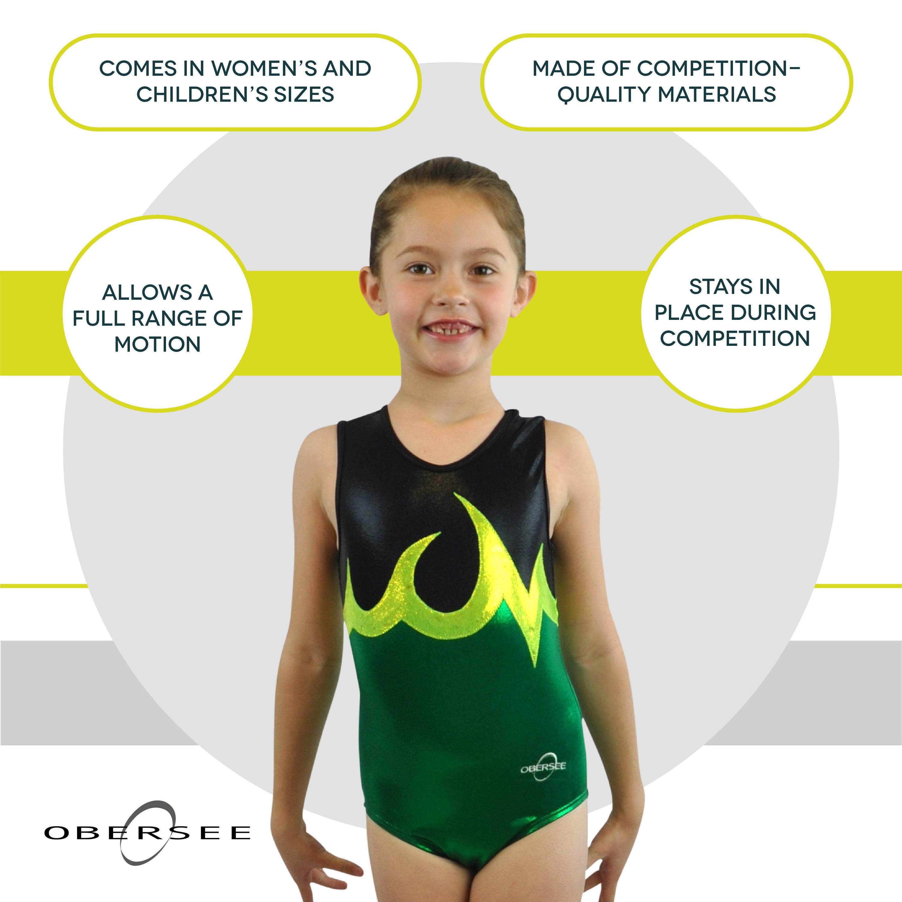 O3GL070 Obersee Girls Gymnastics Leotard in Ace Green with black and yellow accents, showcasing a scoop neck design and sleeveless style.